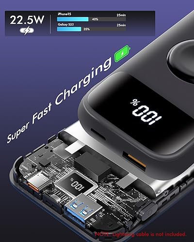 Miniatura 3 de Miady Cargador portátil para Apple Watch, 10000 mAh PD 22.5 W, cargador de batería de carga rápida con puertos USB C y A, con pantalla LED