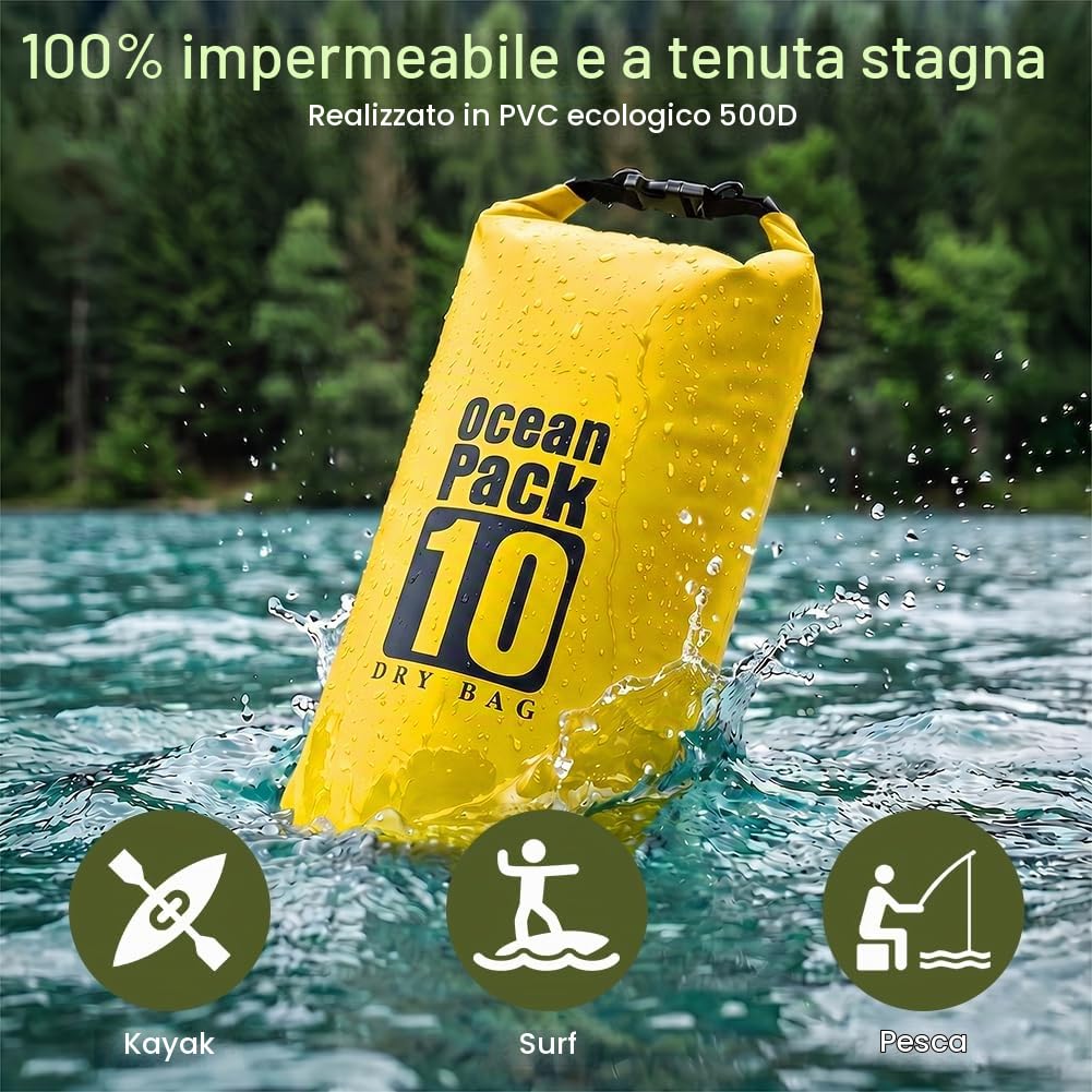 URAQT Borsa Impermeabile, Zaino Impermeabile da 5L 10L 20L, Bag Sacco Impermeabile con Tracolla Regolabile, Chiusura a Rotolo, per Sport Acquatici, Kayak, Barca, Rafting, Nuoto, Campeggio(Giallo,10L)