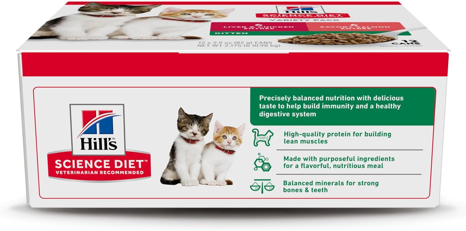 Hill's Science Diet Kitten Wet Cat Food Variety Pack, Liver & Chicken, Salmon Minced, 2.9 oz. Cans, 12-Pack