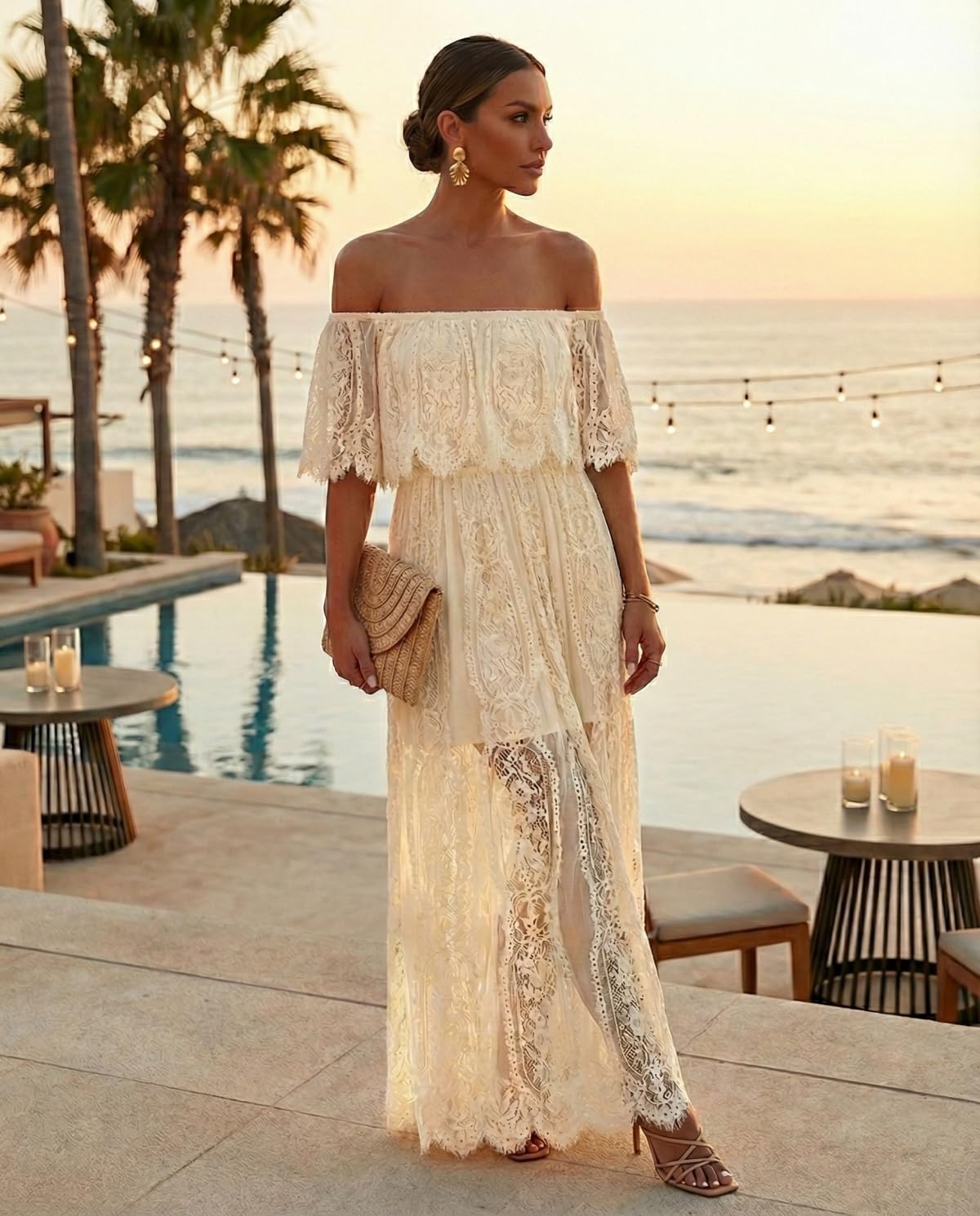 Holipick Women's Off Shoulder Lace Maxi Dress Boho Wedding Guest Bridesmaid Beach Formal Long Dress - Image 3