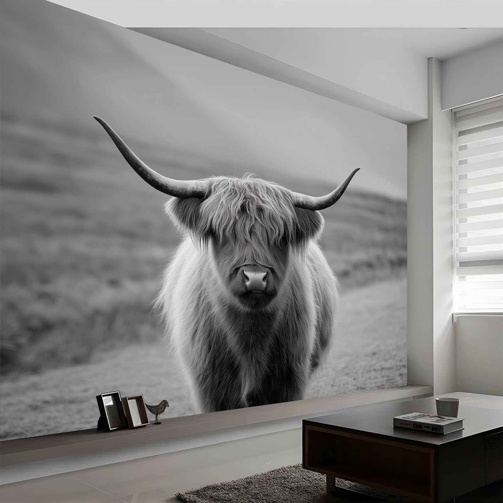 Scottish Highland Cattle 3D panoramiczna fototapeta 300 x 210 cm, fototapeta, szara, włóknina, druk artystyczny, polar, fototapeta, dekoracja, plakat, nowoczesny design