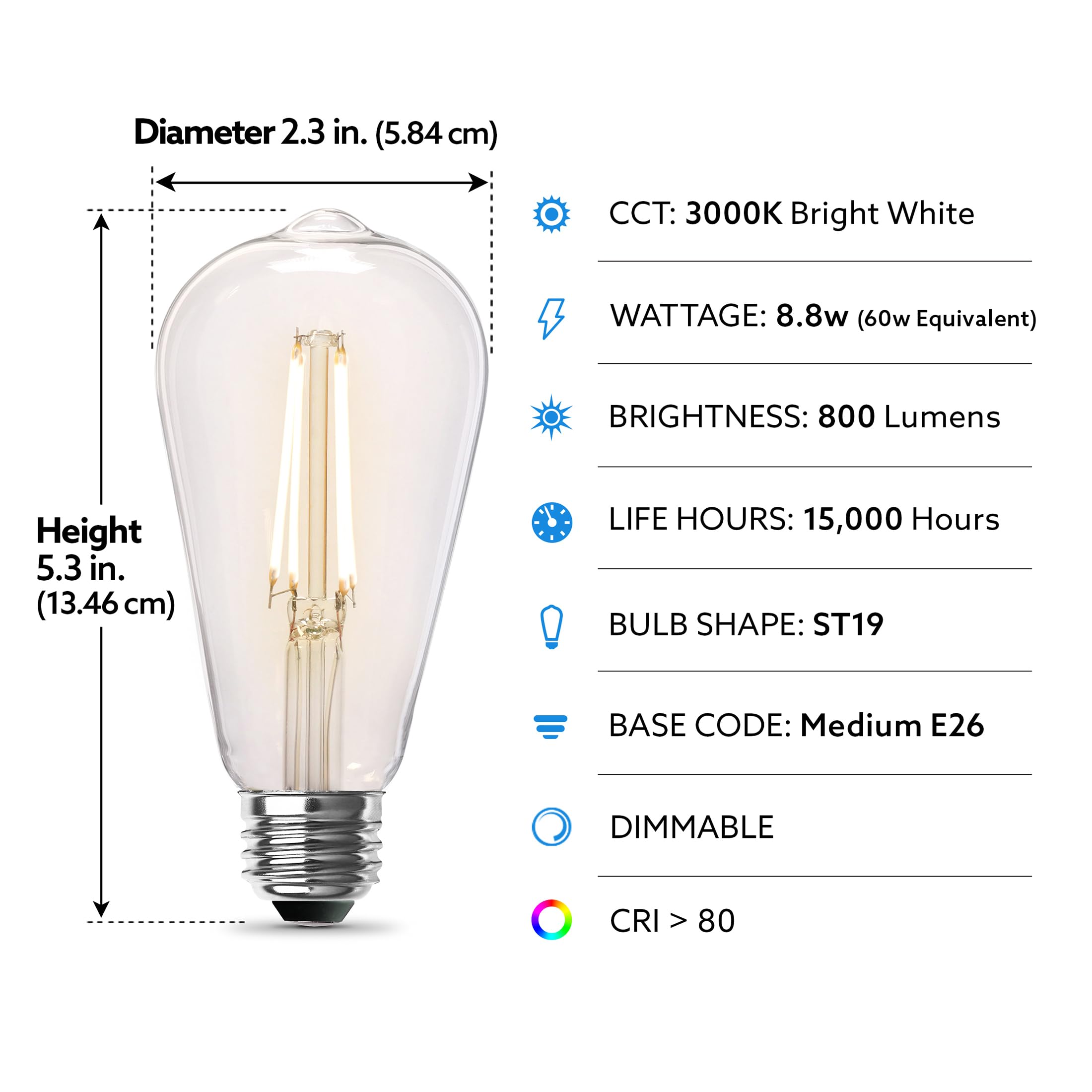 Feit Electric ST19 - Bombilla LED Edison vintage, equivalente a 100 W, regulable, 2700 K, blanco suave, 1490 lúmenes, base E26, bombillas de filamento retro, 15.000 horas de vida, ST19100CL/927CA/2/4