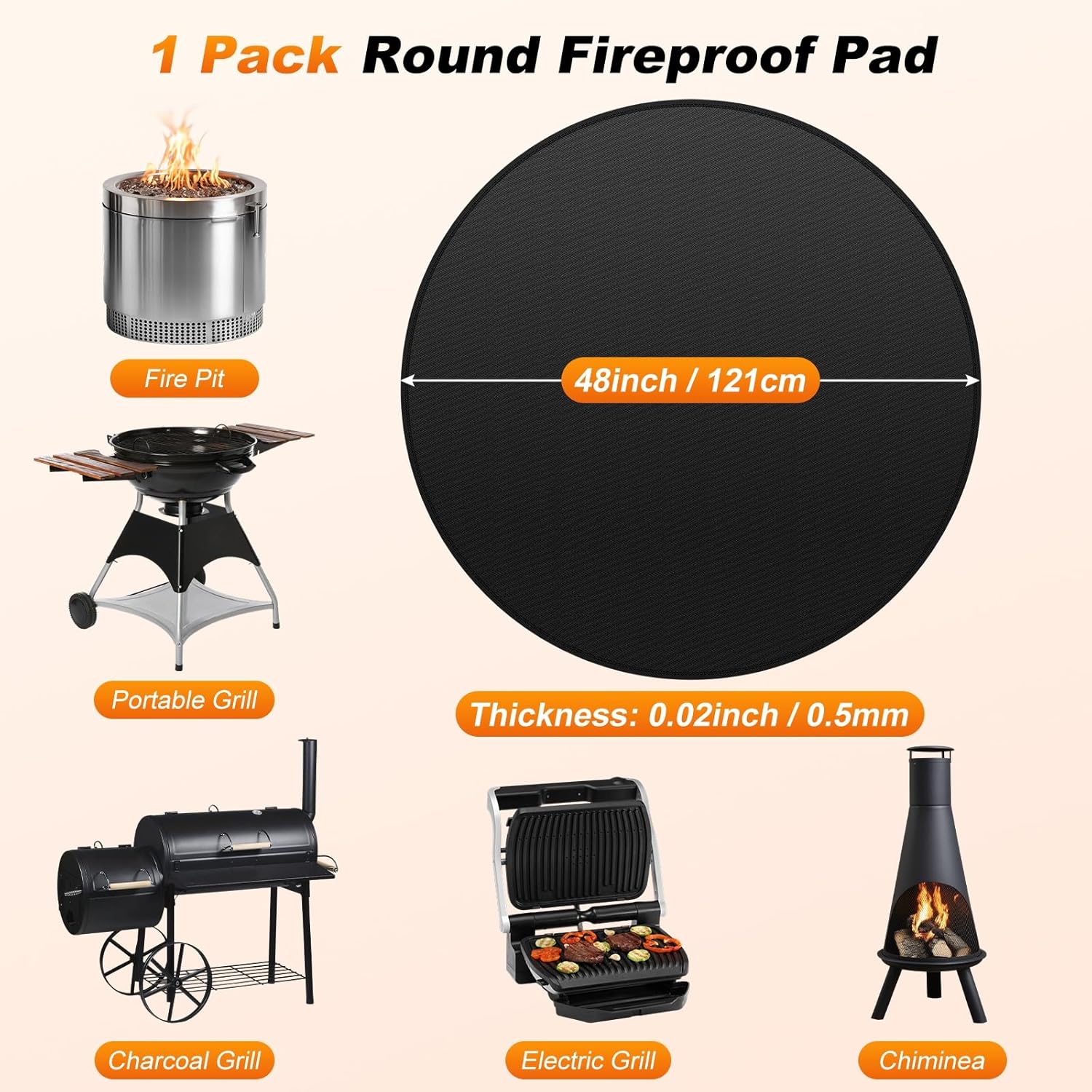 M METERXITY Round Fire Pit Mat, 48 Inch/ 121cm Fireproof Under Grill Mat for Outdoor Grill, Oil-Proof Waterproof Circular BBQ Pad for Deck & Patio
