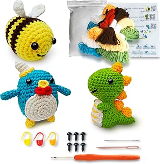 Crochet Kit for Beginners, Amigurumi Crocheting Animals Kits with Step-by-Step Video Tutorials- Penguin, Dinosaur or Bee, Knitting Starter Pack for All Ages Gift Idea