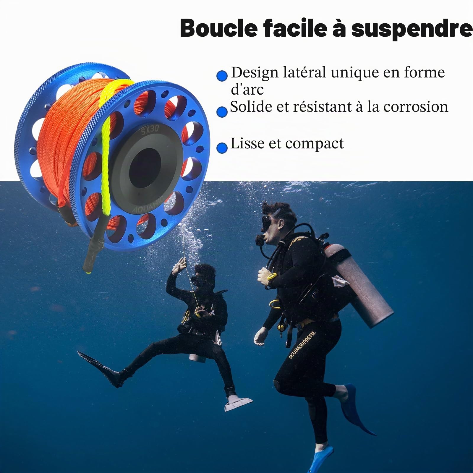 Moulinet pour plongée sous-marine de 30 m avec clip à déconnexion rapide à double extrémité en aluminium pour plongée sous-marine, snorkeling et pêche, bleu