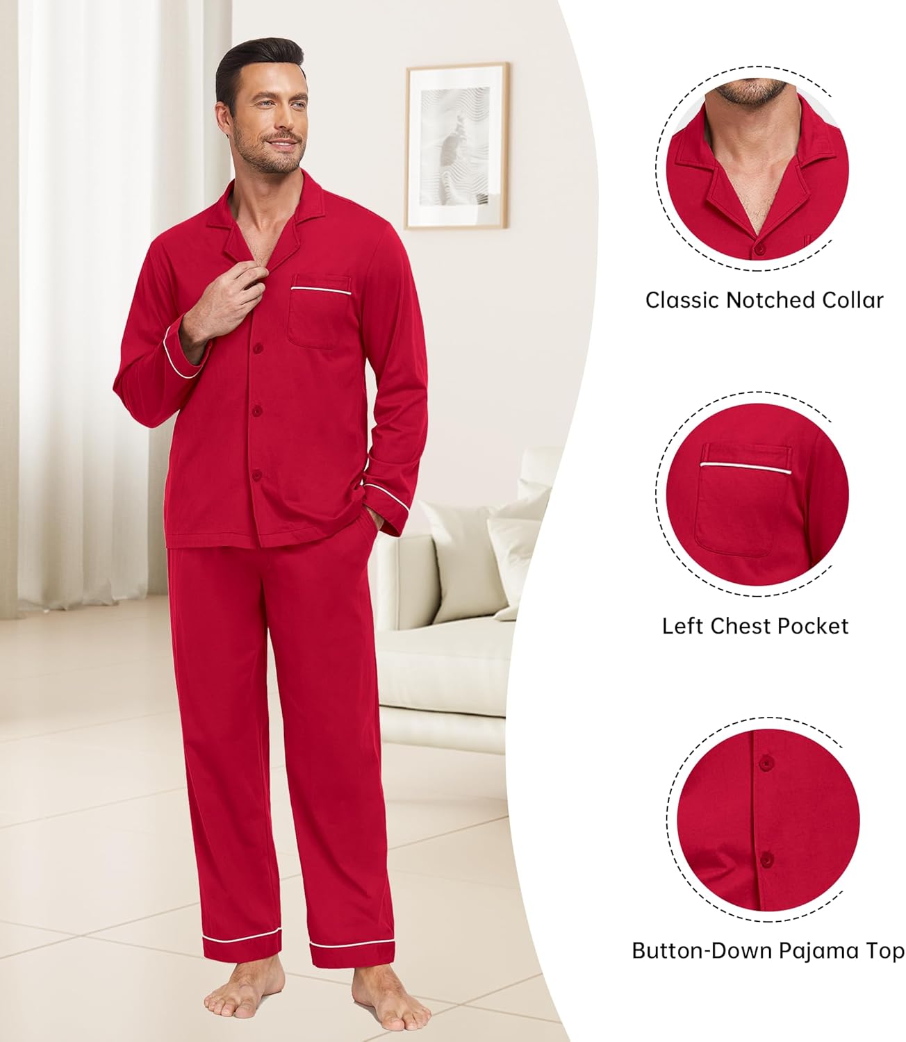 COLORFULLEAF Men's 100% Cotton Pajamas Set Button Down Pajamas for Men Long Sleeve 2 Piece Sleepwear Lounge Sets with Pockets - Image 3