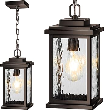 VIANIS Bronze Large Outdoor Pendant Light Fixtures with Water Glass, Anti-Rust Waterproof Hanging Light Fixture with Adjustable Wire, Easy-to-Install Outdoor Hanging Lantern for Porch, Garden, Garage