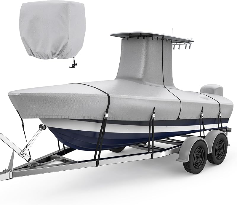 Fonzier T-Top Boat Cover, 1400D Reinforced, with Metal Buckles, 20-22 ft | Heavy-Duty, Trailerable, Motor Cover, Air Vents, Waterproof, UV Resistant, fits 106" beam for Center Console Boat
