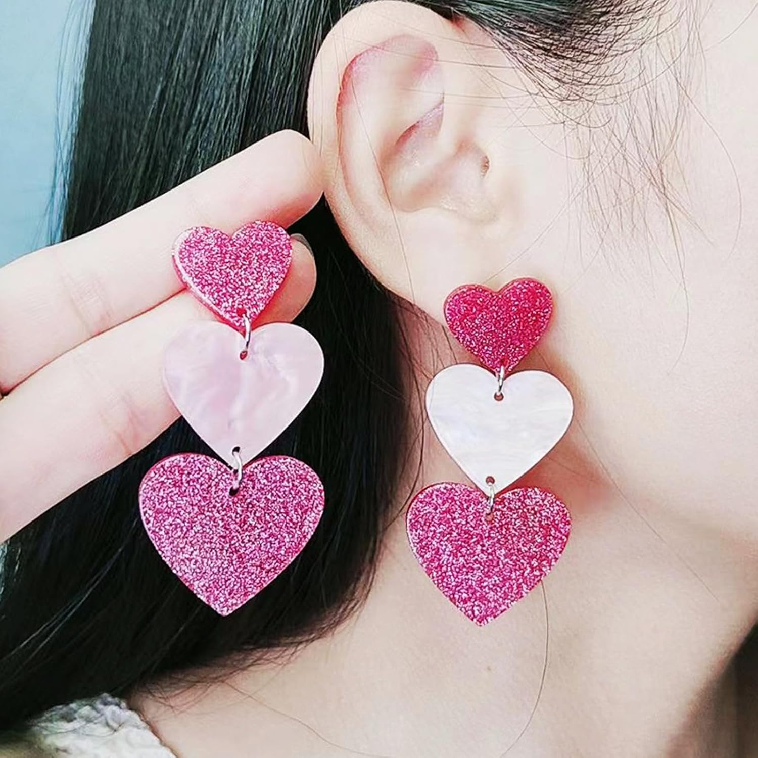 Pink Double Heart Drop Earrings for Women - Y2K Lover Dangle Earrings, Beach Acrylic Candy-Colored Jewelry, Valentine's Day Gift - Image 2