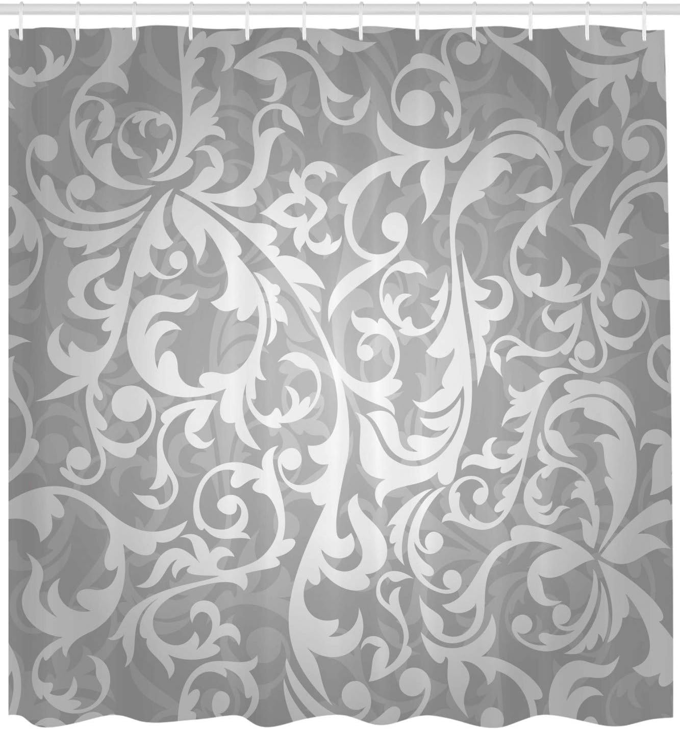 Ambesonne Grey Shower Curtain, Victorian Style Large Leaf Floral Pattern Swirl Classic Abstract French Vintage Print, Cloth Fabric Bathroom Decor Set with Hooks, 69" W x 84" L, Silver Gray