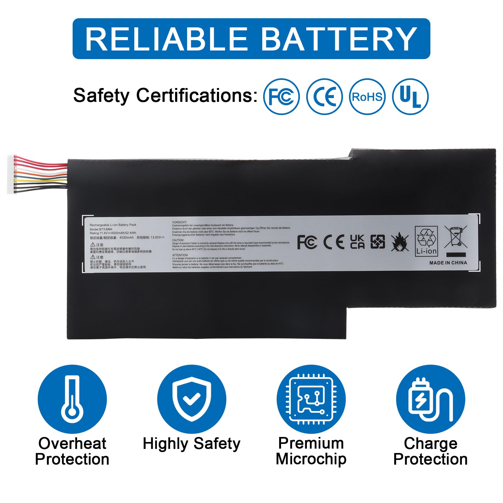 BTY-M6K Laptop Batterie pour MSI Stealth Pro GF63 GF65 GF75 GS63VR GS73VR 7RG 7RG-005 Thin 8RB 8RC 8RD 8RD-031TH 8RC 8RF 8SC 8RX 9SC 9SCXR Thin WS63 8SK WP65 WF65 WF75 MS-17B4 MS-16W1 MS-16R1 MS-16K3