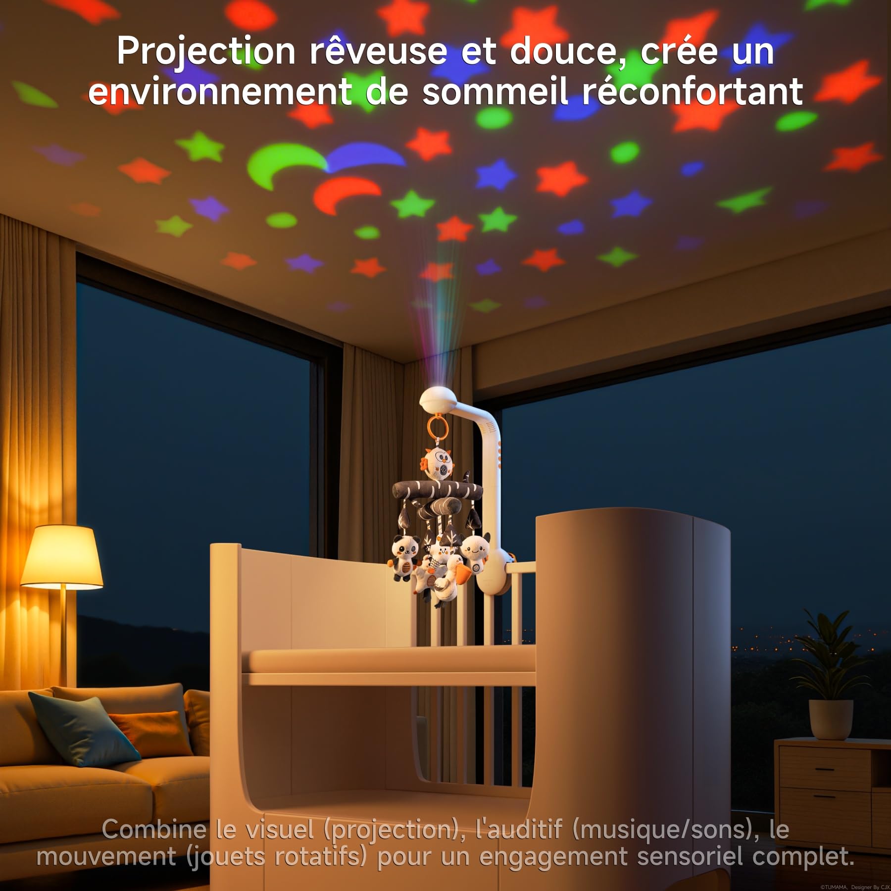 TUMAMA Mobile Musical Lit Bébé, Jouet 3 en 1 avec Projecteur de Veilleuse, Rotation, Musique et Bruit Blanc, Muet Spin Moteur Pépinière Animaux Jouets pour Bebe Garçon Fille Enfant 0 1 2 3 5 6 Années