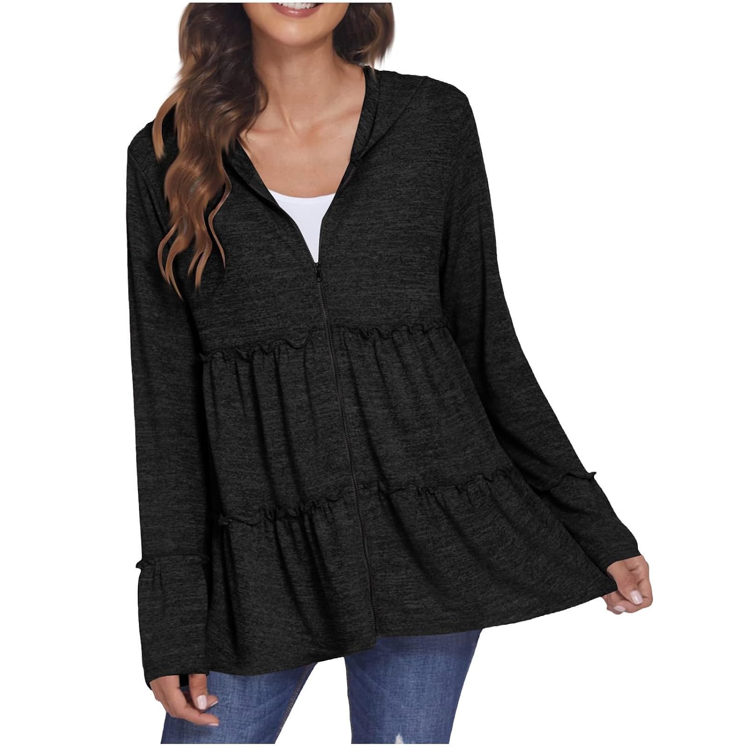 Zip Up Hooded Cardigan for Women Long Sleeve Pleated Tiered Ruffle Tops Jacket Oversized Soft Warm Casual Dress