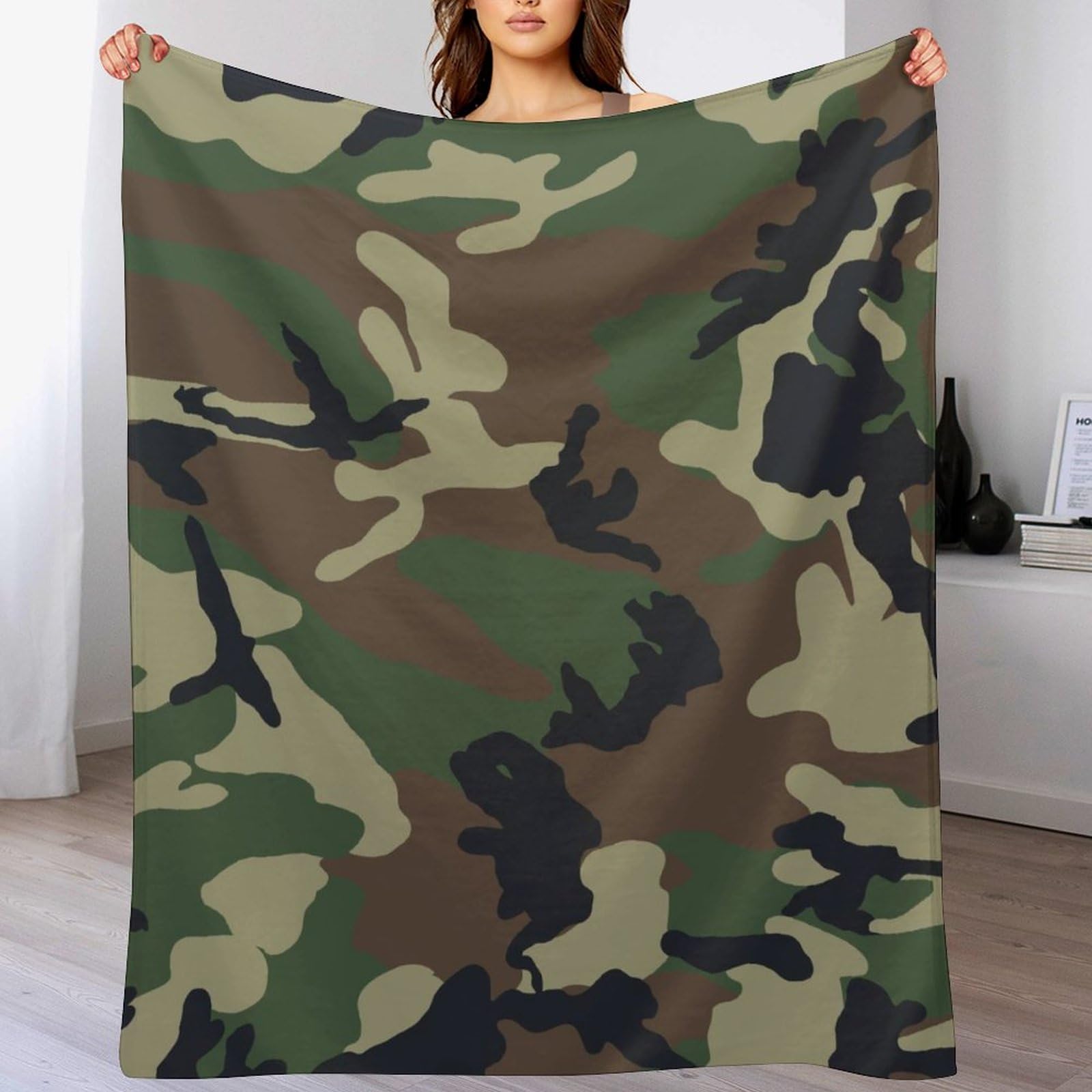 Melbrakin Color441 Green Camo Army Camouflage 3D Print All Season Living Room Flannel Blanket, Dormitory Office Nap Blanket, Travel Beach Blanket, Party Decoration Blanket