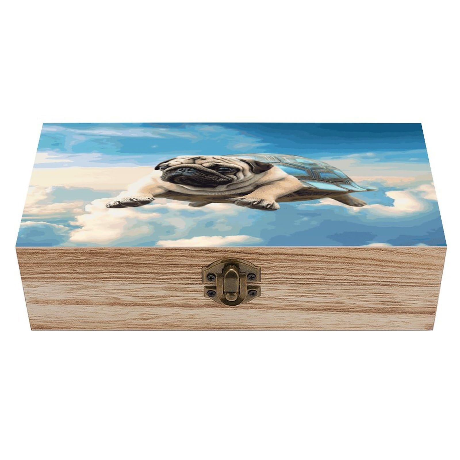 JTREHY Funny Turtle Pug Dog in The Sky Wooden Keepsake Box Vintage-Style Wood Keepsake Case with Hinged Lid Solid Wood Boxes Beautifully Memory Treasure Case Vintage-Style Wooden Storage Box