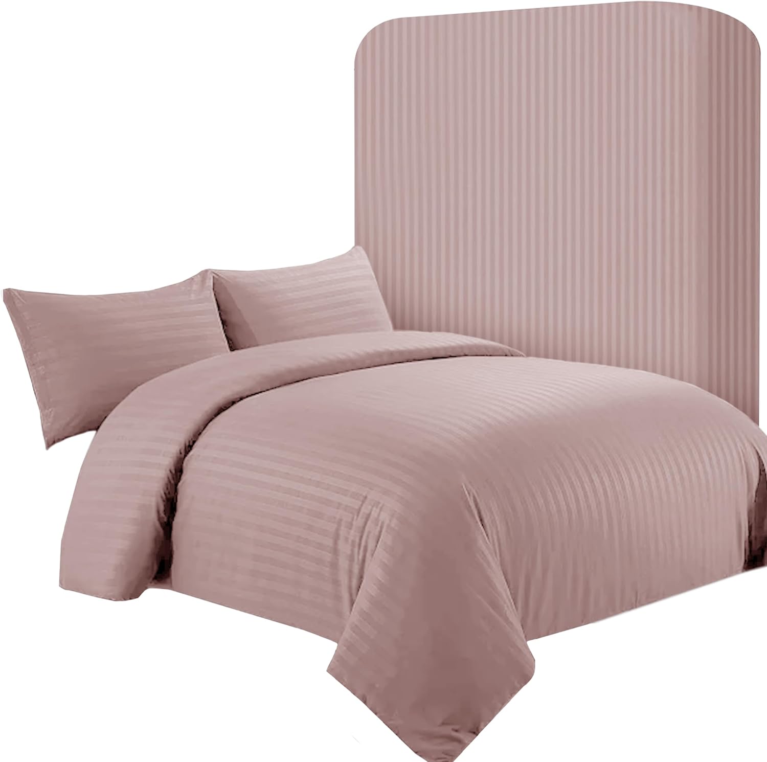 Double Satin Stripe Duvet Cover Set – 4 Pcs Blush Soft, Hotel-Style Bedding Set with 2 Pillowcases and 1 Fitted Sheet