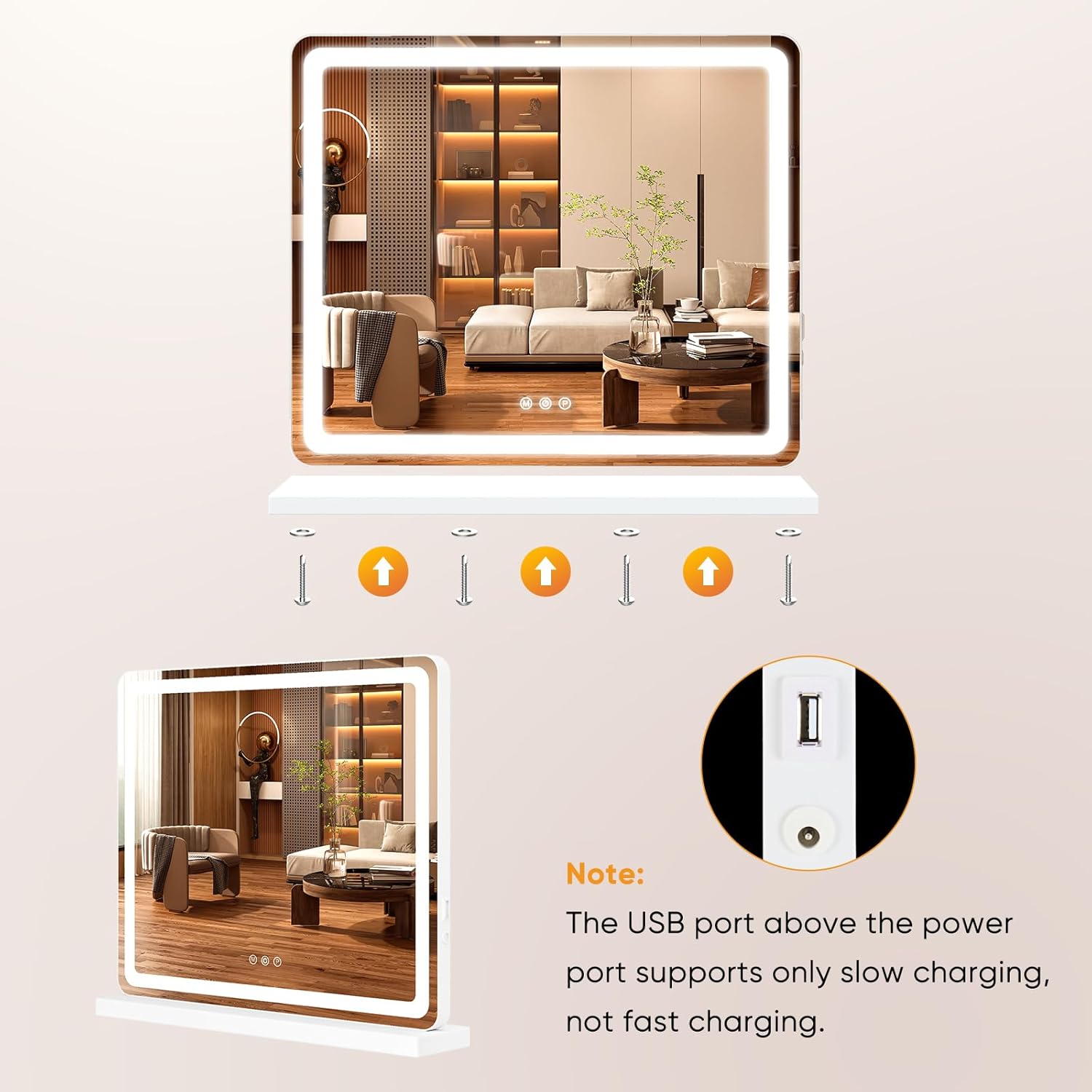 OLIXIS 19"x22" Lighted Vanity Mirror with Lights, Dimmable 3 Color Modes Makeup Mirror with Memory Function, USB Charging, Aluminum Frame, Lighted Mirror for Desk or Bedroom