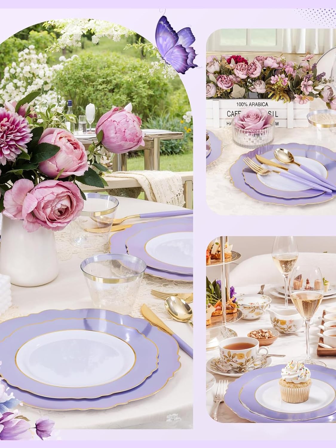 WDF 150Pcs Purple Plates Disposable - Baroque Lavender Purple and Gold Plates - 25Guest Plastic Dinnerware Ideal for Party/Spring/Picnic/Easter