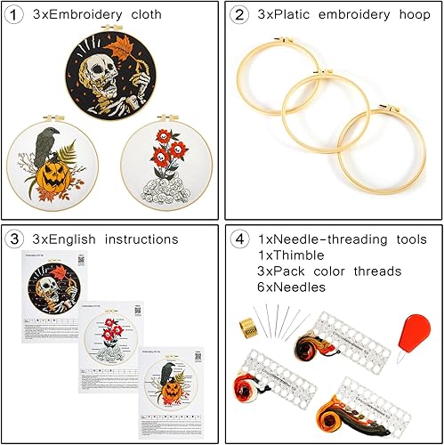 Miniatura 3 de Kit de iniciación de bordado gótico de Halloween para principiantes y adultos, kit de punto de cruz estampado para adultos principiantes, 3 aros de