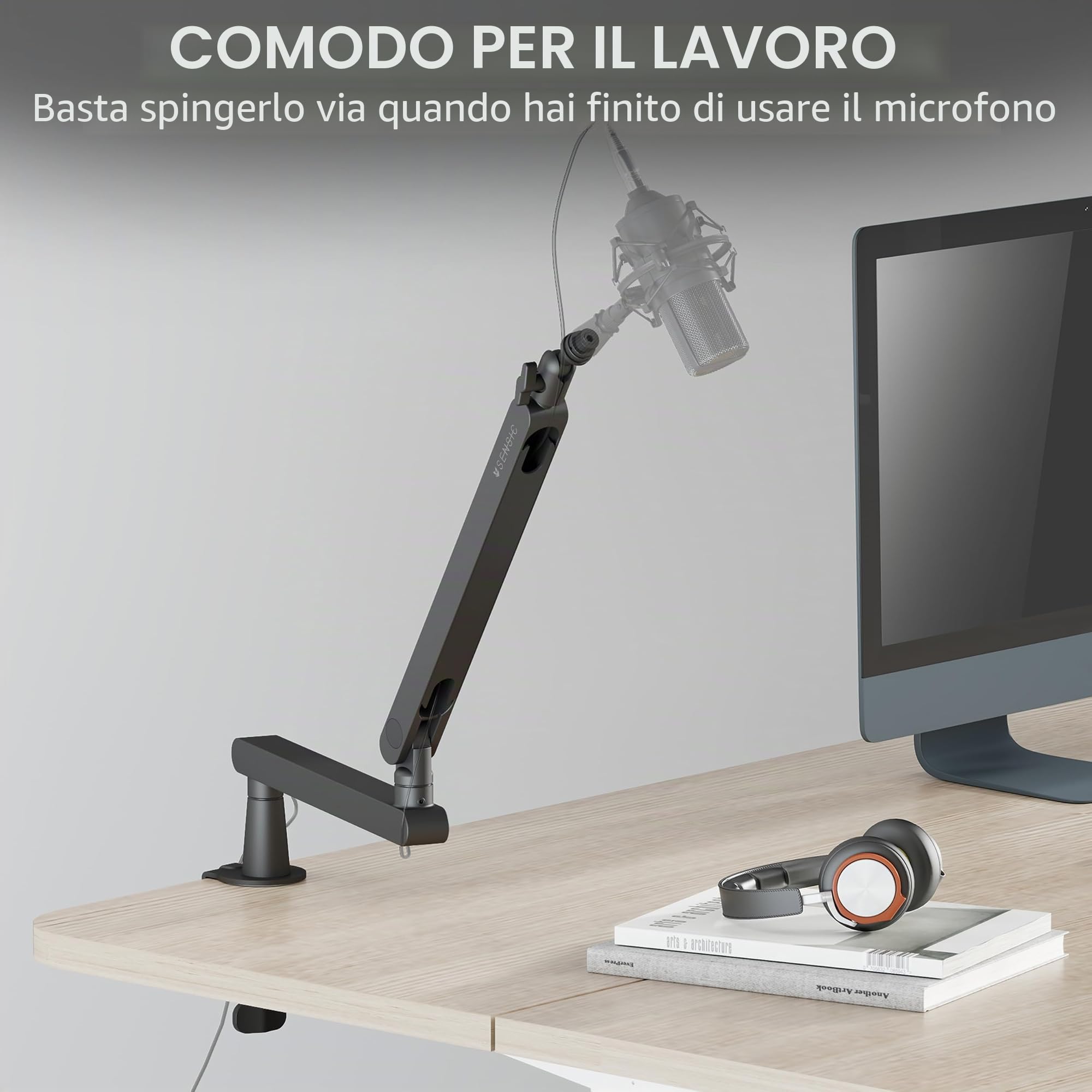 Sensic SA-30 LP Braccio per microfono a basso profilo, supporto per microfono girevole a 360°, braccio microfono a basso profilo per streaming con gestione dei cavi, supporto microfono professionale,