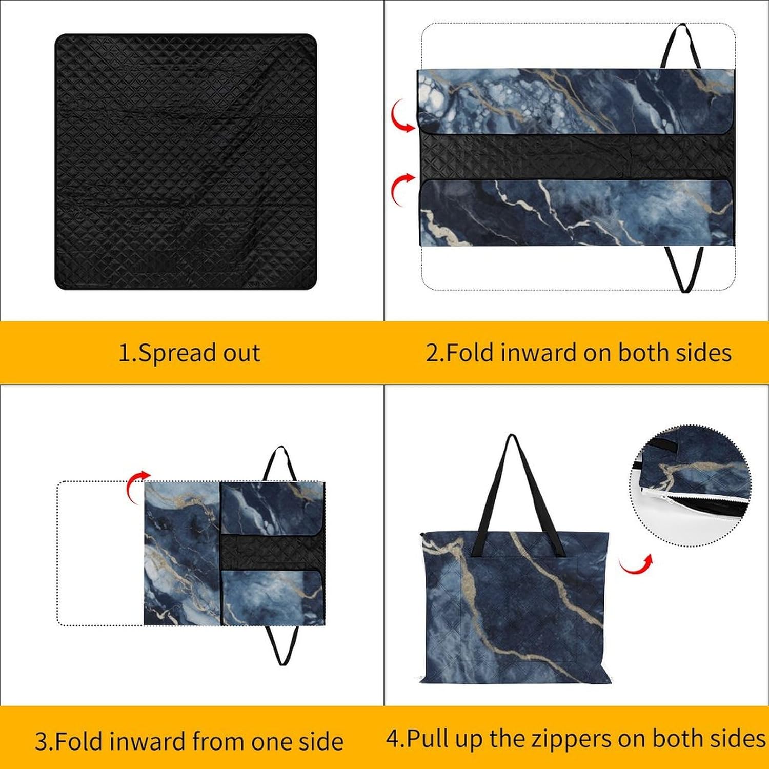 Marble Navy Blue Mixed Picnic Blanket 150x150cm, Foldable 2-in-1 Picnic Mat and Tote Bag Portable Waterproof Beach Mat Sandproof Outdoor Blanket for Park, Hiking, Beach, Camping, Travel
