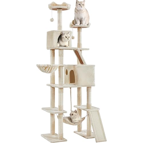 Yaheetech Cat Tree, 82.5in Large Tower w/Hammock, 2 Kitty-Ear Perches, 2 Cozy Condos, Scratching Posts, Basket, Furniture for Large Cats, Kittens, Beige