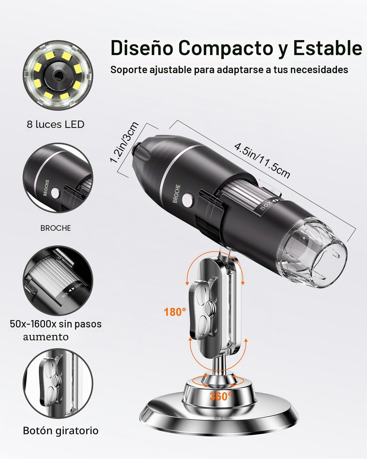 Microscopio Digital USB, cámara de endoscopio de Aumento AOPICK 50X-1600X, microscopio Digital portátil con 8 Luces LED para Android (USB-C), iPhone y iPad