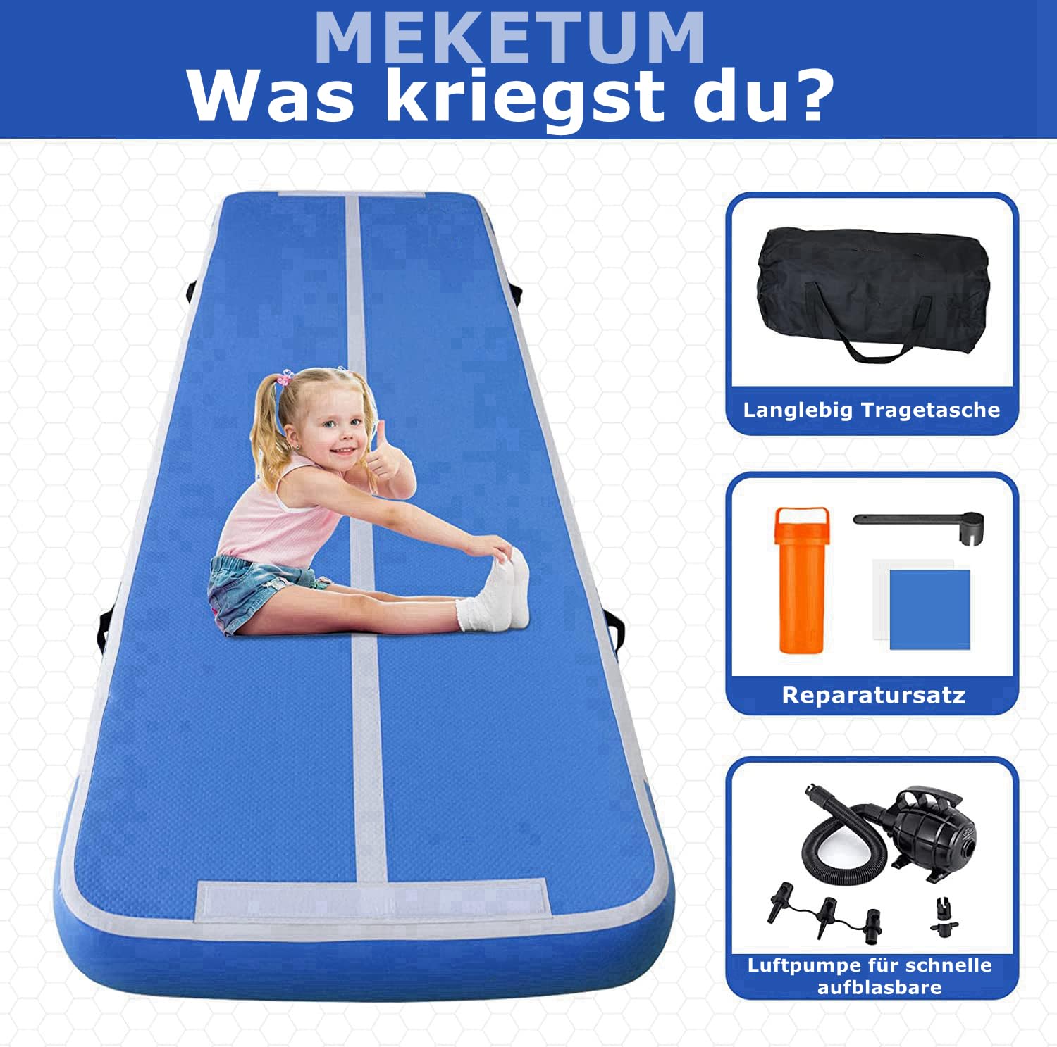 MEKETUM Air Track Tappetino Ginnastica Artistica 2 3 4 5 6 Metri 10/20CM Spessore Materasso Ginnastica da Casa/Yoga/Formazione/Cheerleading/Divertimento Acqua con Pompa Elettrica