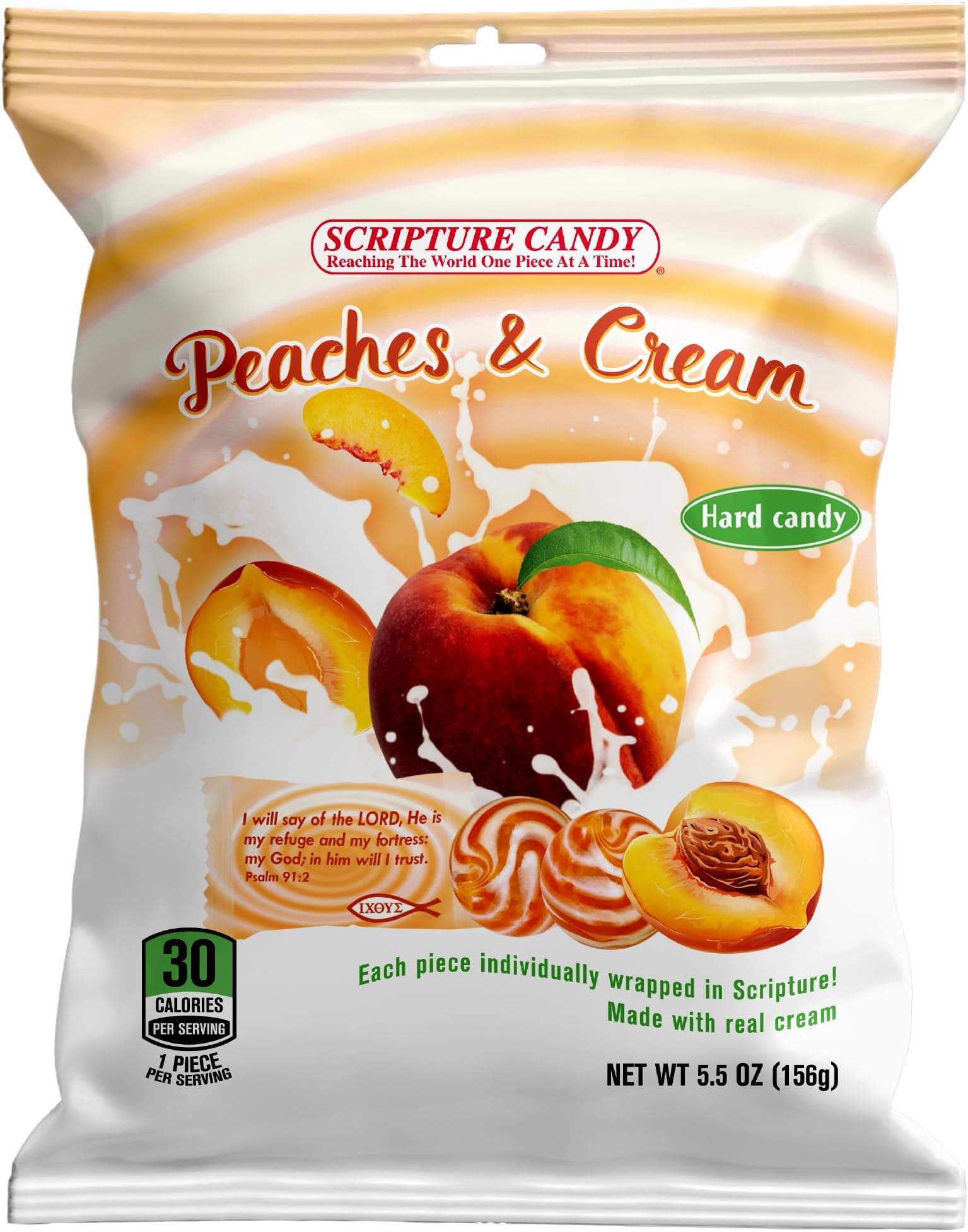 Scripture Candy, Peaches & Cream 5.5oz Bag, 25 Pieces