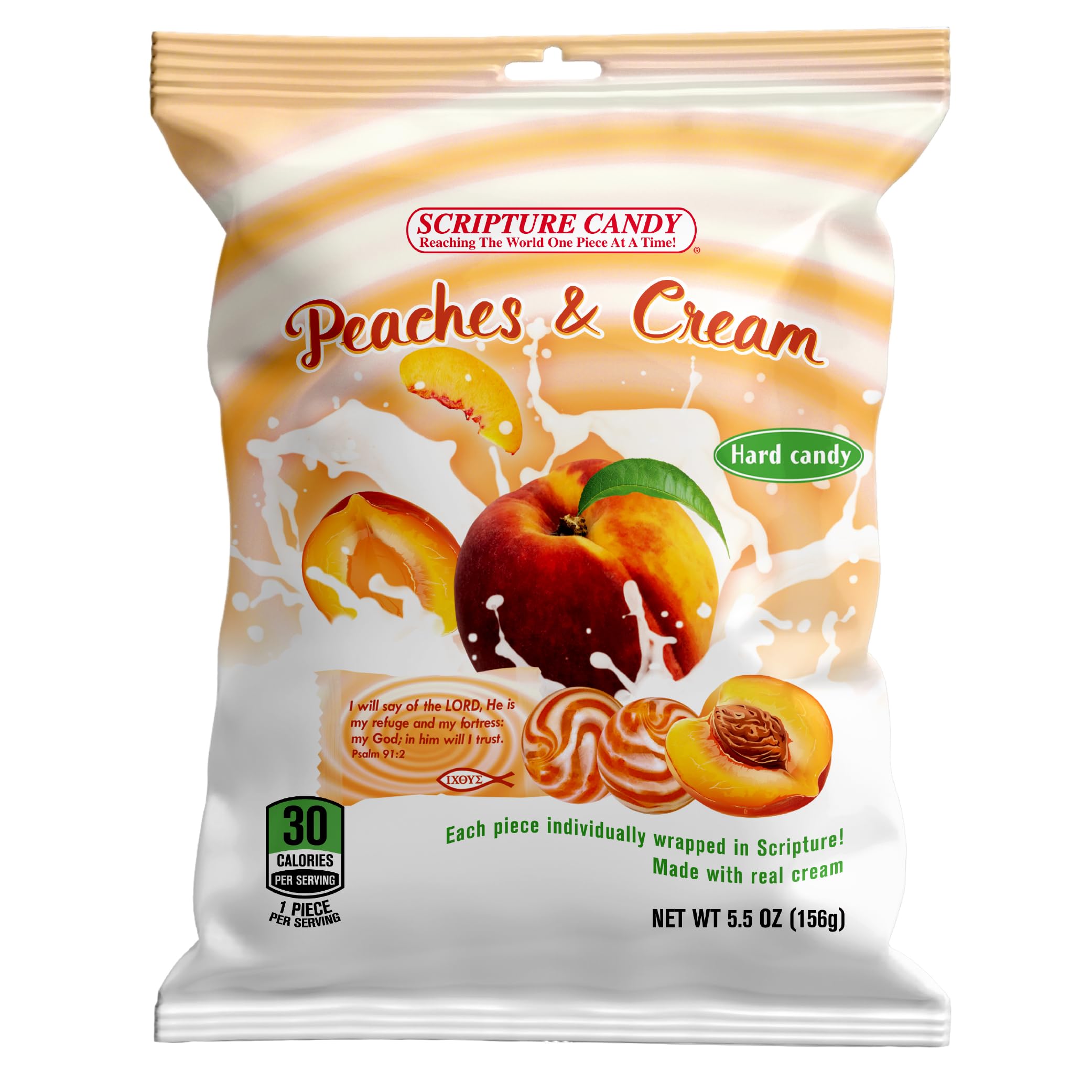Scripture Candy, Peaches & Cream Hard Candy 5.5oz Bag, 25 Pieces