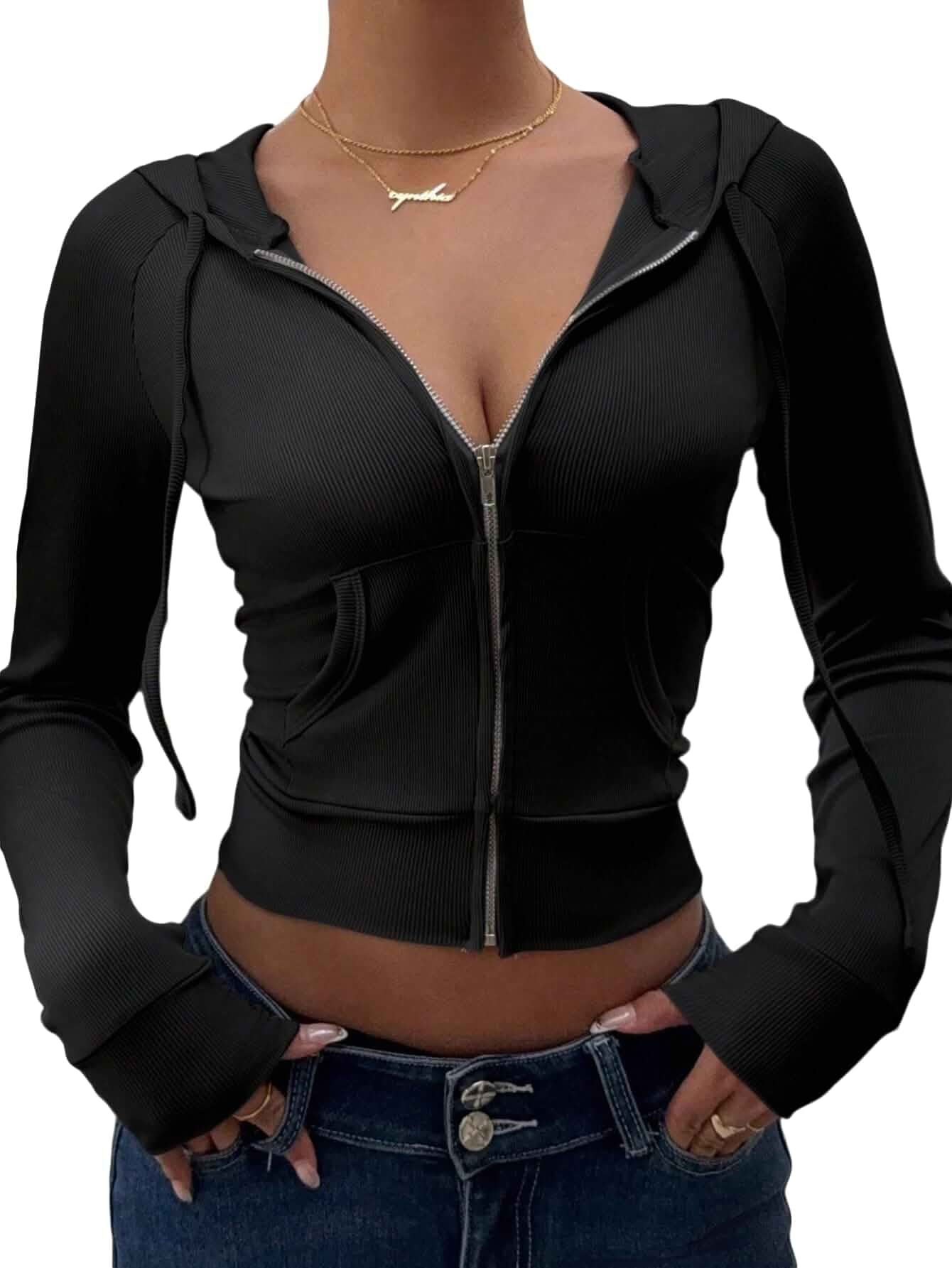 BJhaz Women's Y2k Hoodie Crop Zip Up Ribber Knit Fall Jacket Tops Slim Fit Long Sleeves Sweatshirt with Pockets