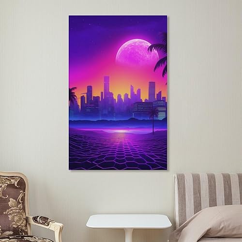 Miniatura 7 de Póster en lienzo con diseño de palmera urbana de neón Synthwave Retrowave para dormitorio, aula, dormitorio, sala de estar, decoración estética para