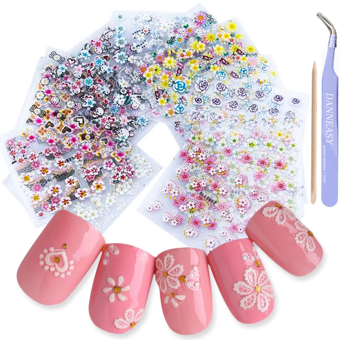 30 Sheets Self-Adhesive Nail Art Stickers Butterfly Flower Nail Stickers 5D Nail Decals for Women Girl Kids Nail Decoration Kit Nail Accessories with 1pc Nail Tweezers, Cuticle Stick