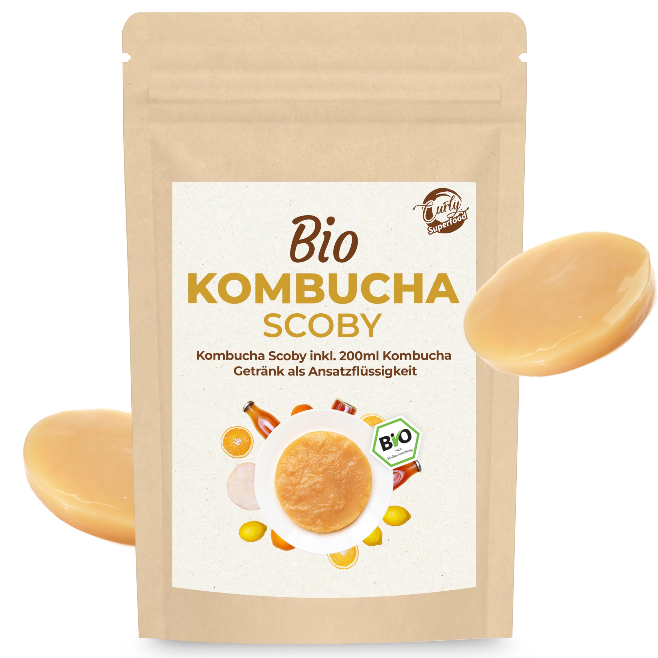 Curly Superfood Bio Kombucha Pilz aus deutscher Herstellung - Kombucha Tee einfach selbst herstellen mit vitalem Scoby + 200ml als Ansatzflüssigkeit