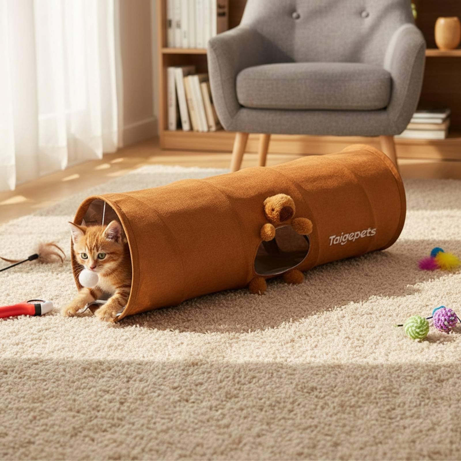 Tunnel pour Chat Tunnel de Jeu Tunnel Interactif Tunnel Pliable Doublure Confort Style Suédine Structure Stable Se Plie Rapidement Stimule Rampement, Marron, Petit 80cm