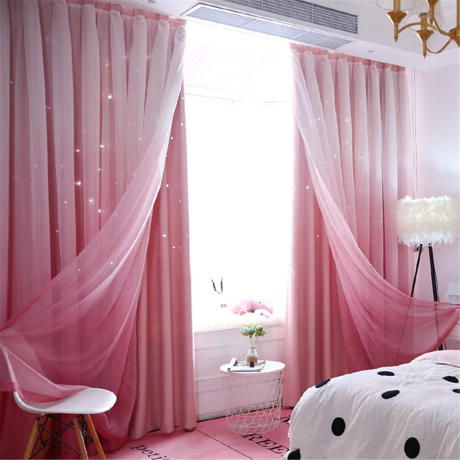 ABREEZE Star Curtains Ombre Blackout Curtains for Girls Bedroom Kids Room Decor Light Blocking Voile Overlay Princess Star Hollowed Curtain Mix and Match Window Curtains (1 Panel,59 x 63 inch,Pink)