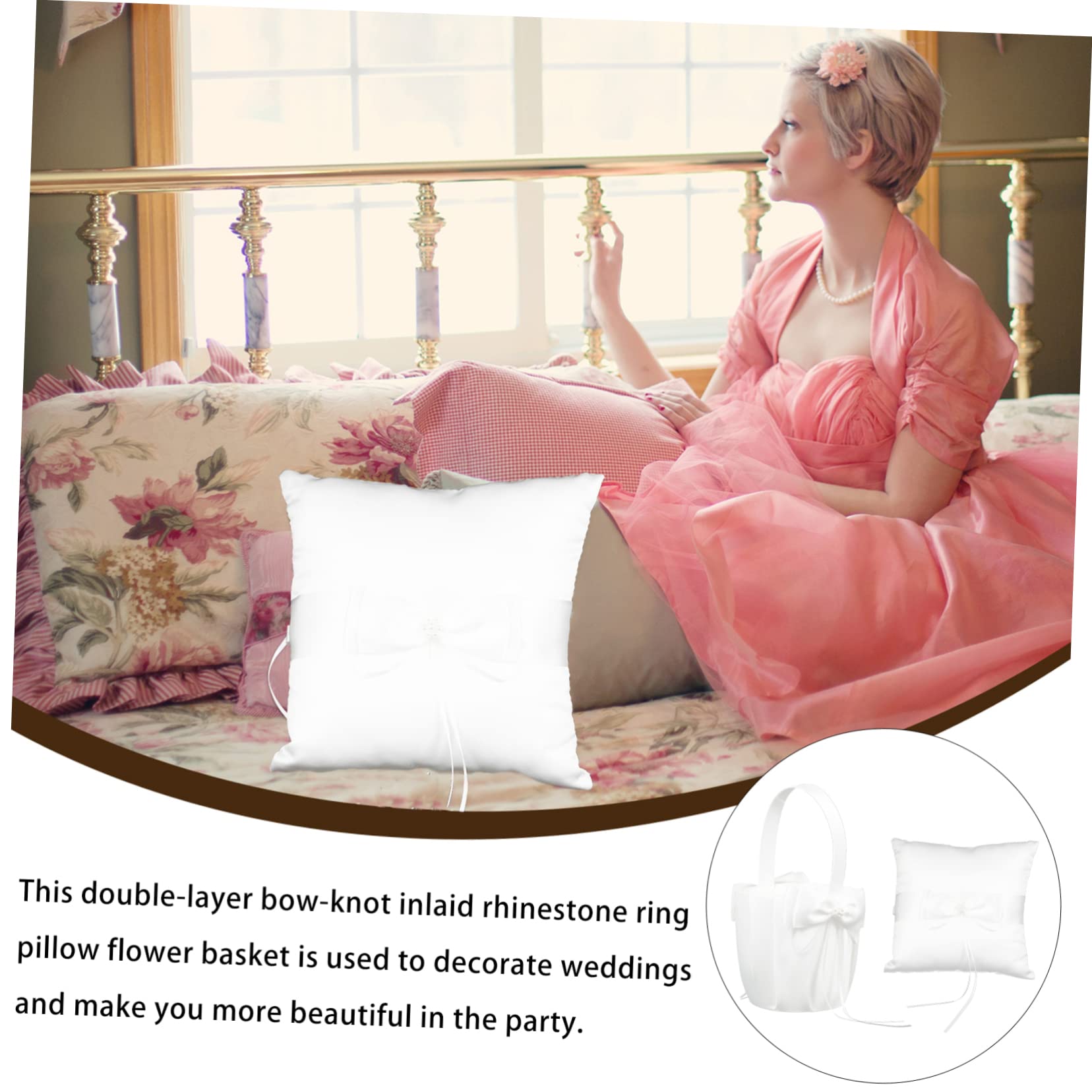 OUNONA 2pcs Ring Pillow Matching Flower Basket Wedding Accessory Set for Flower Girl Basket