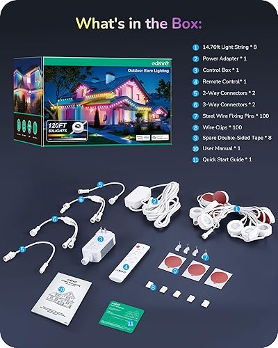Miniatura 9 de EDISHINE Luces permanentes de Halloween para exteriores de 120 pies, 80 luces LED navideñas con aplicacióncontrol remoto, luz inteligente de alero