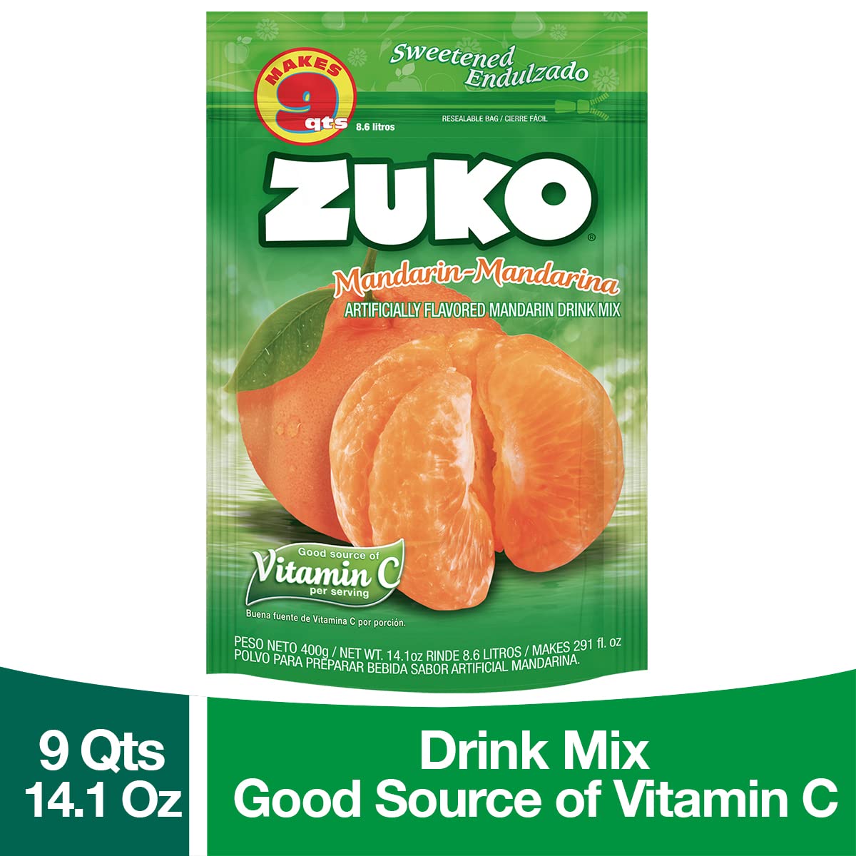 Zuko Mandarin Powdered Drink Mix Family Pack, No Added Sugar Needed, 14.1 oz (Pack of 6)