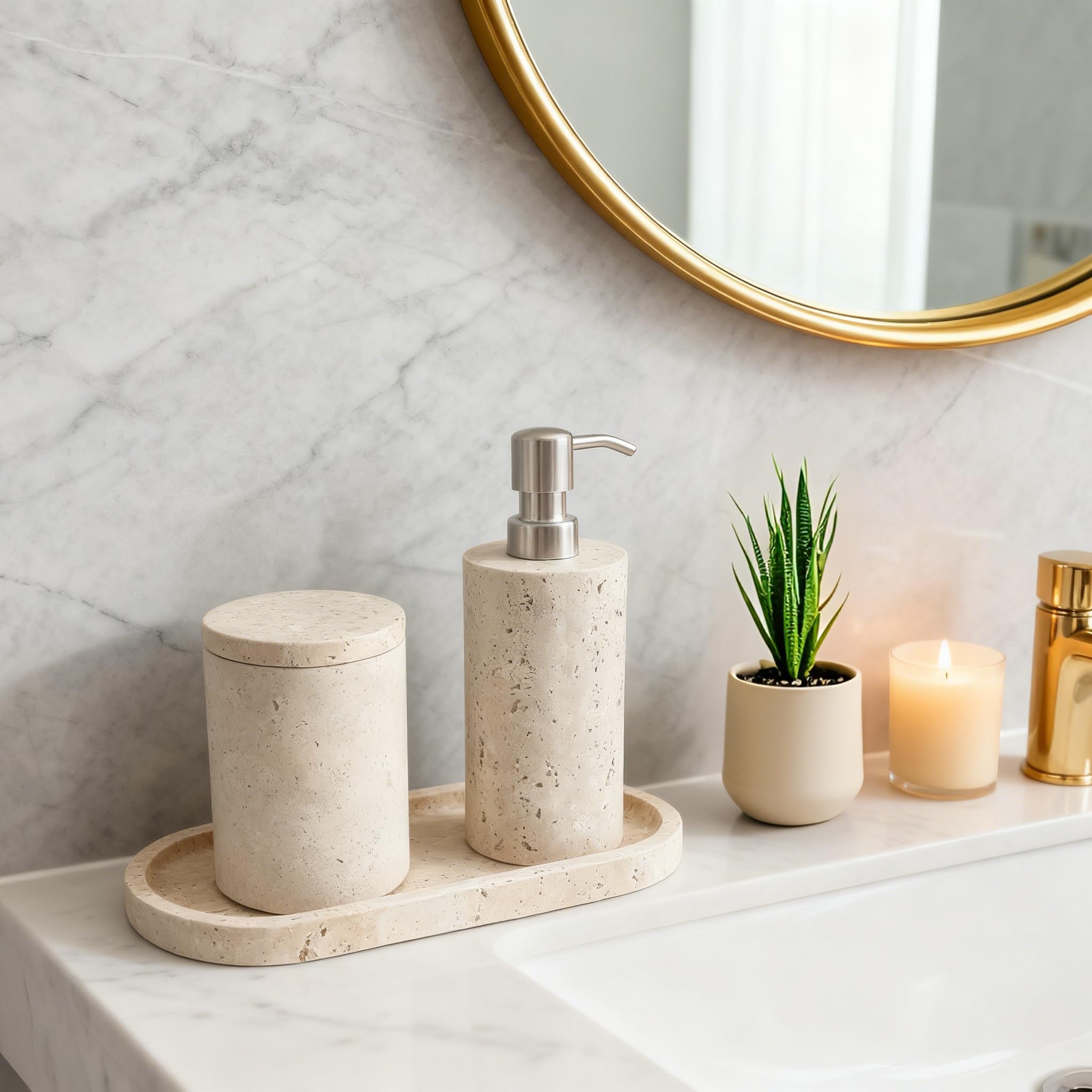 Dispensador de jabón de mármol travertino natural con bomba de acero inoxidable, botellas de jabón líquido de loción de mármol para cocina y baño