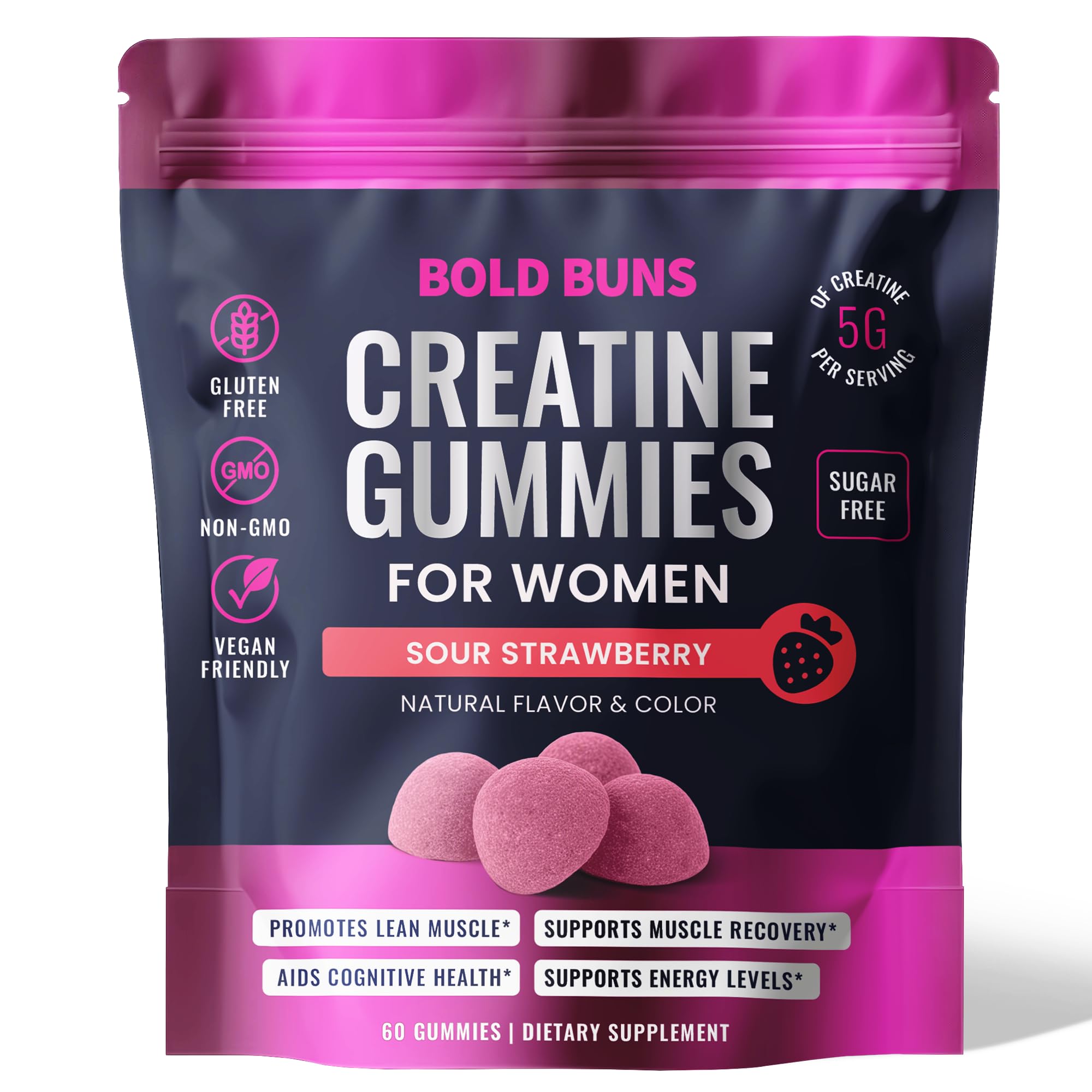 Bold Buns Creatina em Gomas para Mulheres, Monohidratada 5 g por porção, 60 gomas