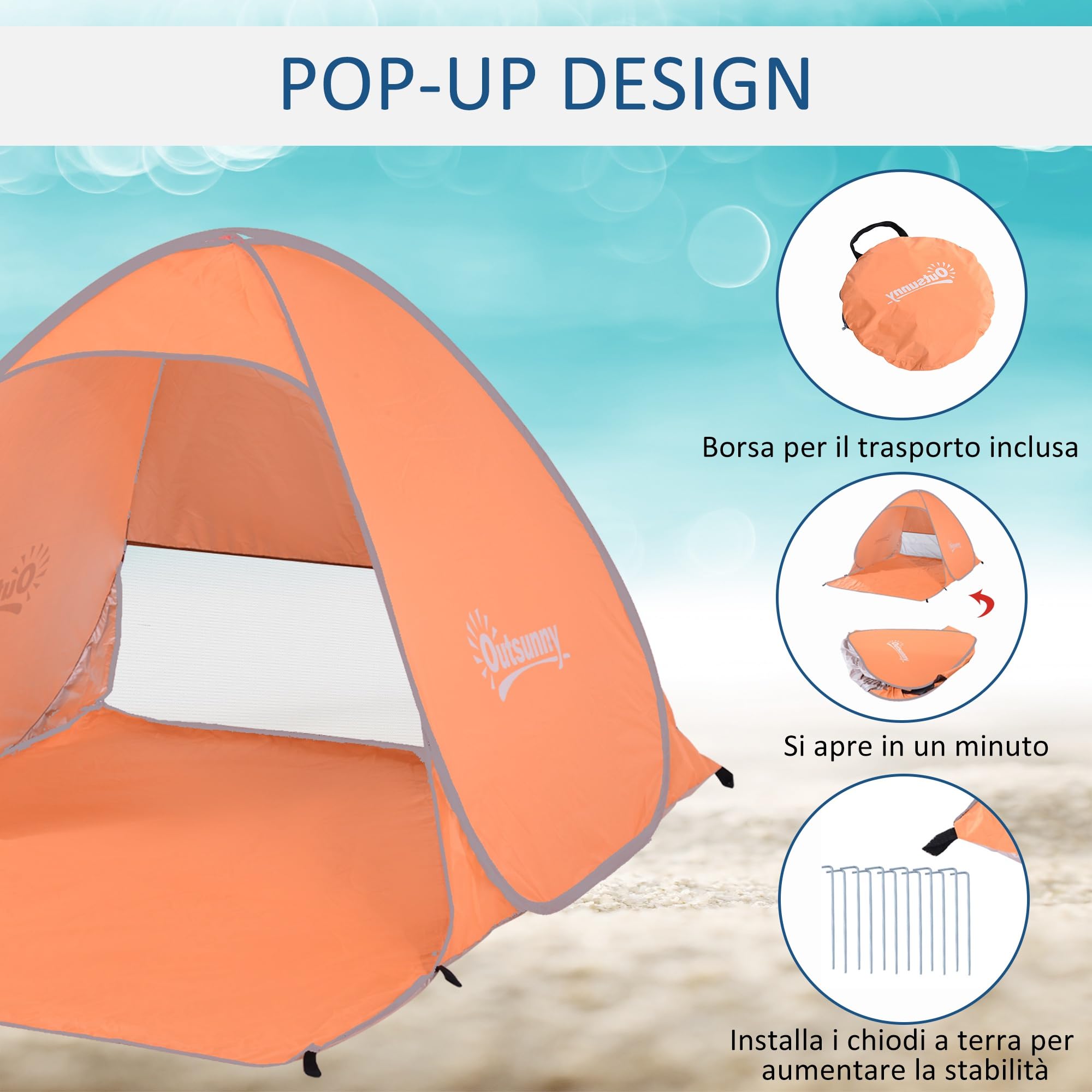 Outsunny Tenda da Spiaggia Pop Up con Protezione UV 30+, Tendalino da Mare Pieghevole con Finestra e Borsa di Trasporto, 200x150x119 cm