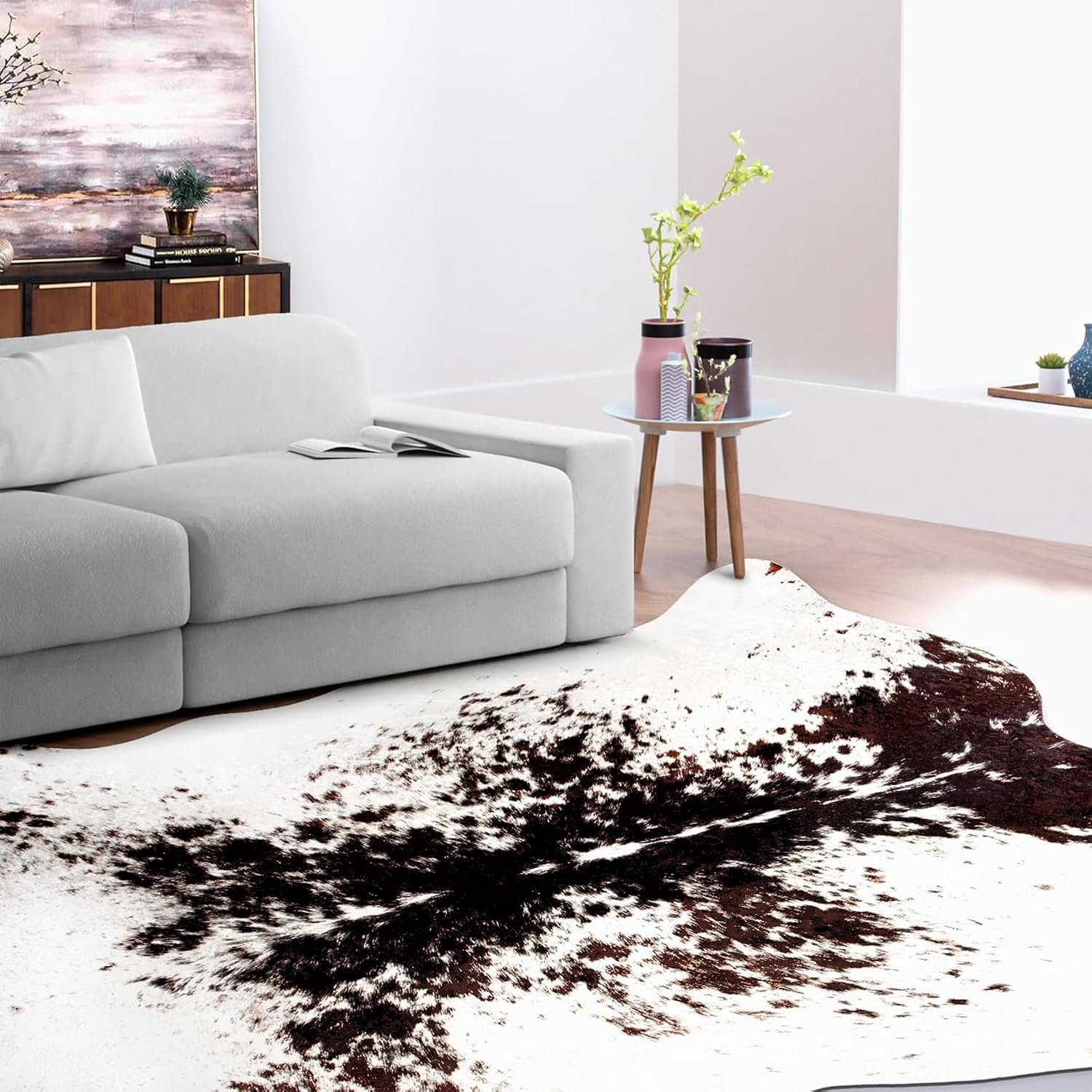 MACEVIA Faux Cowhide Gold Print Rug Cute Cow Print Rug Area Rug Nice Western Decor for Living Room Bedroom Non-Slip 93.6" L x 71.8" W(7.8ft x 5.9ft)