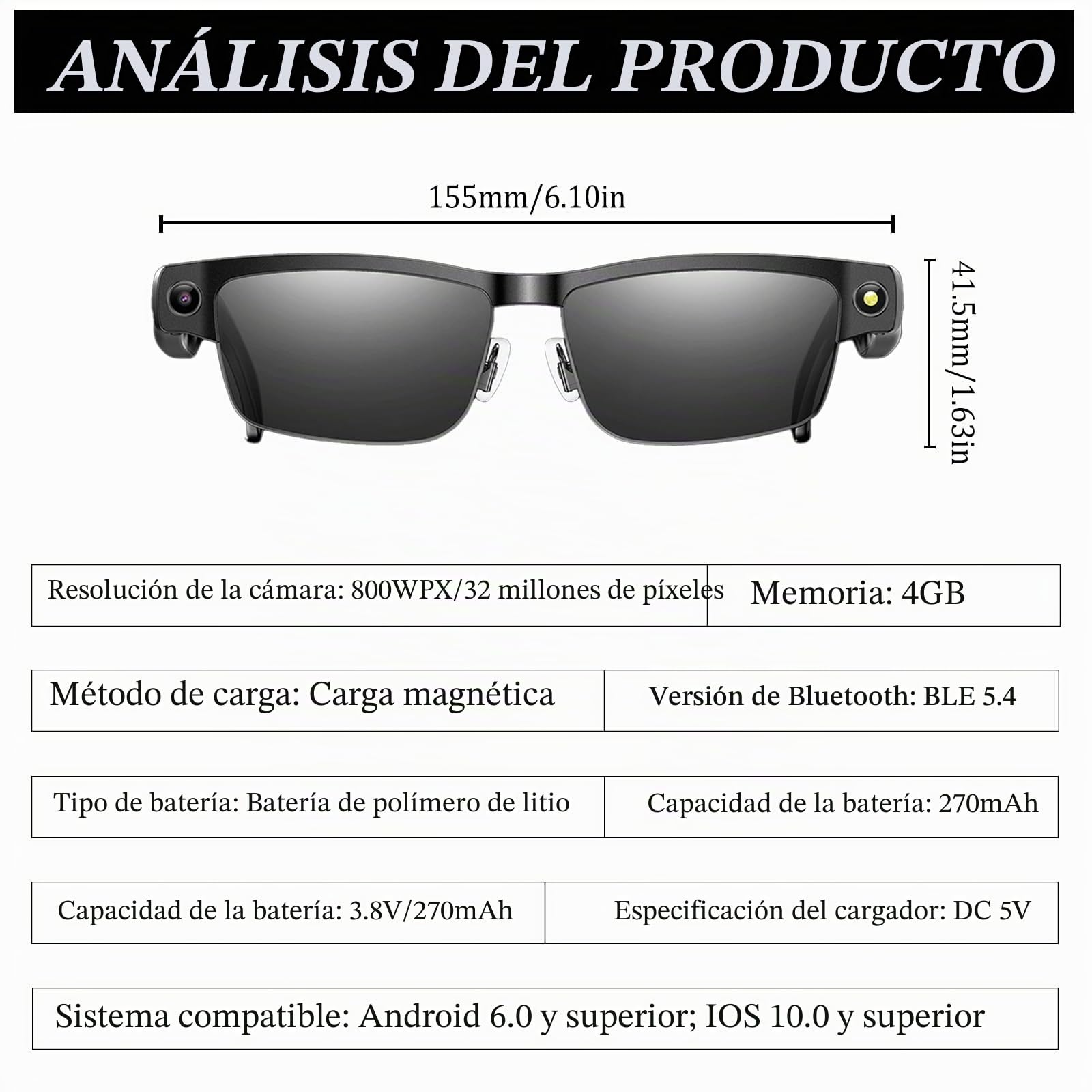AI Smart Glasses Cámara 4K HD, 800 W, cámara antivibración, gafas con grabación de vídeo, micrófonos duales con cancelación de ruido, transmisión simultánea, integración ChatGPT (lentes fotocromáticas