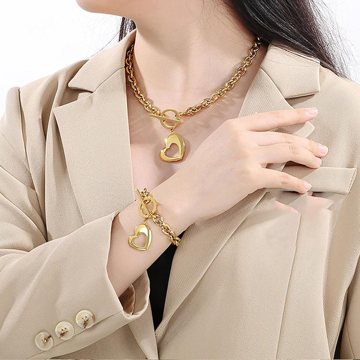 Heart Charm Bracelet for Women - Chunky Link Chain Bracelet with Love Pendant,7.5 Inch ,OT Toggle Clasp, Gold or Silver Plated Stainless Steel Trendy Jewelry Gift for Mom, Wife, friend on Birthday, Christmas, Valentine's Day, Birthday - Image 3