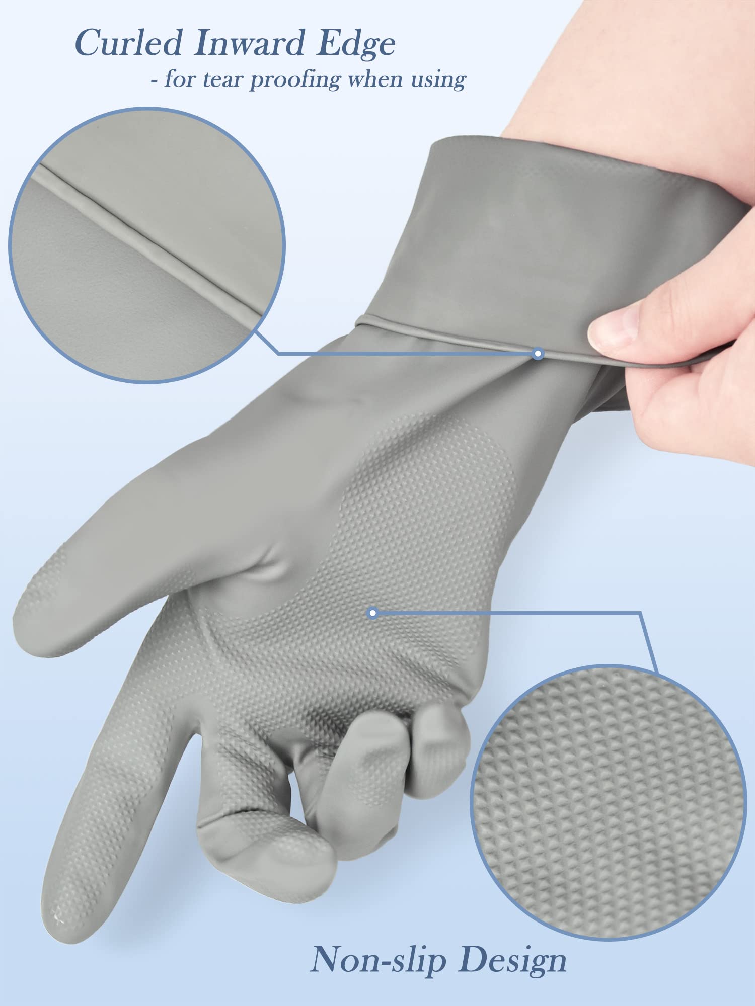 Cleanbear Guantes de limpieza de goma sin látex, reutilizables, ligeros y duraderos, juego de 3 con 2 pares de guantes grises y 1 par de blancos (12 pulgadas)