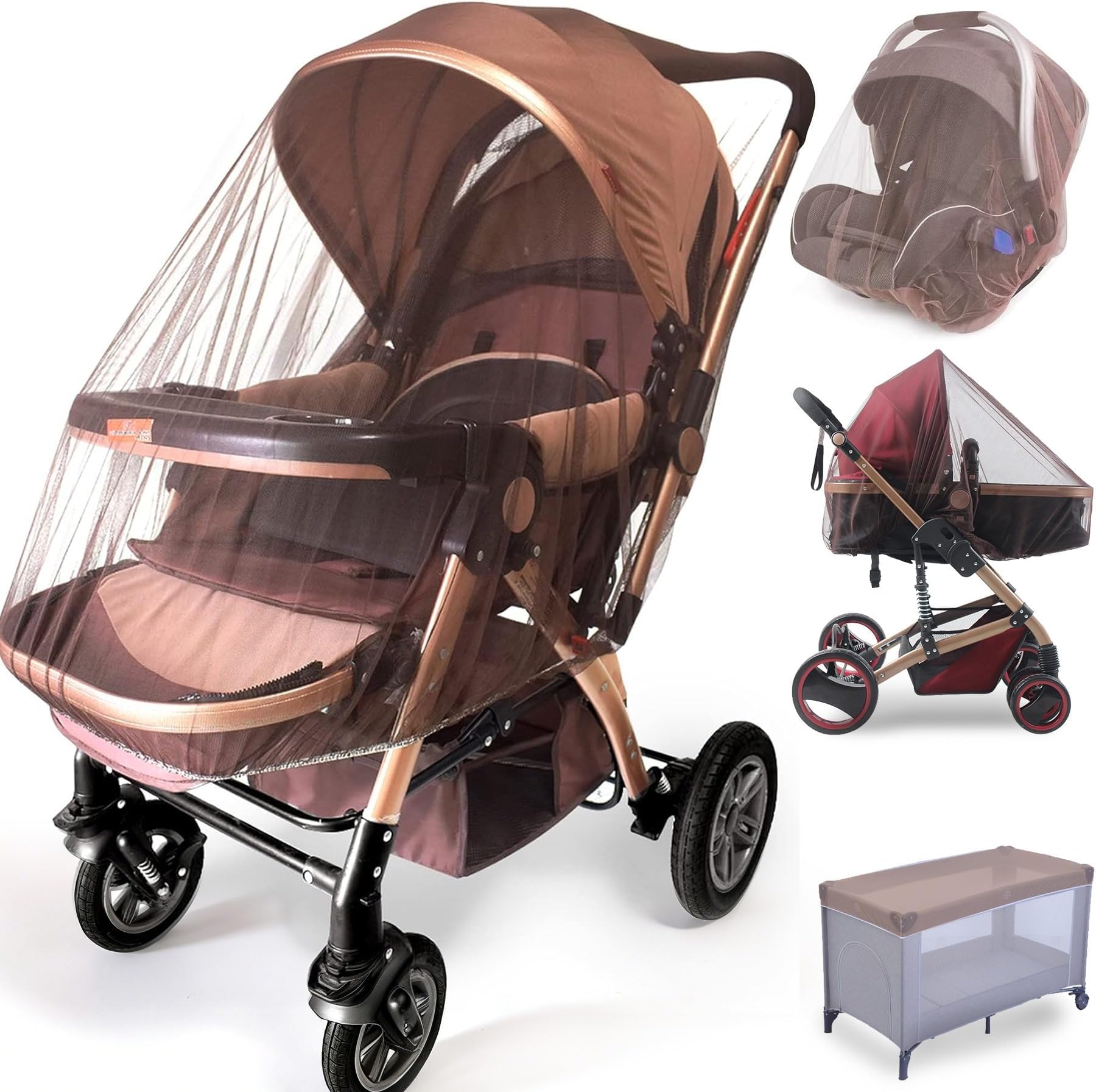 2 Pack Baby Mosquito Net for Strollers, Car Seats, Bassinets, Carriers and Cradles - Stretched up to 60 Inch in Length, Coffee