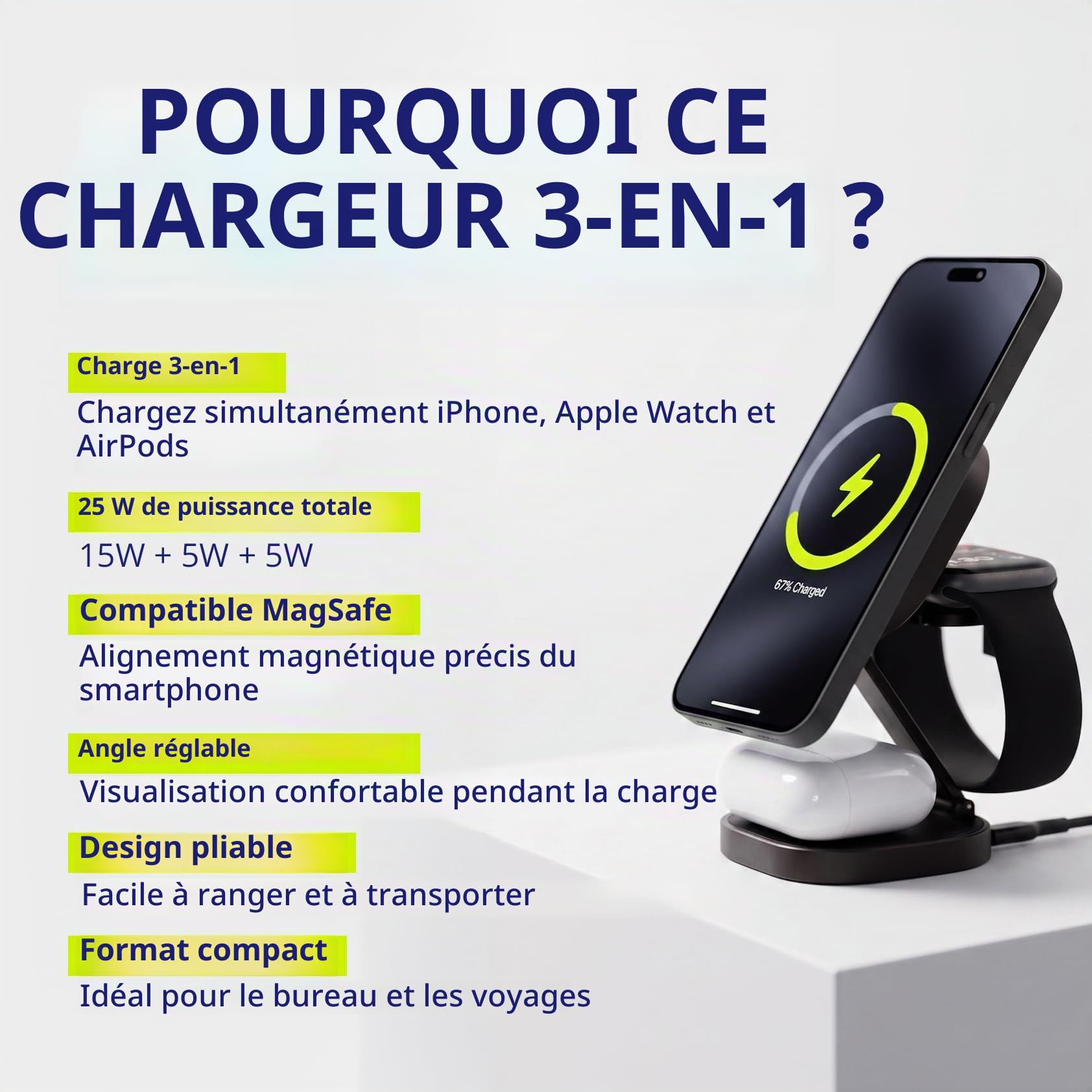 Chargeur 3 en 1 25 W - Station de Charge sans Fil Pliable pour iPhone, Apple Watch et AirPods - Mini Support de Charge sans Fil avec LED et USB-C - Compatible avec Qi et MagSafe - Graphite