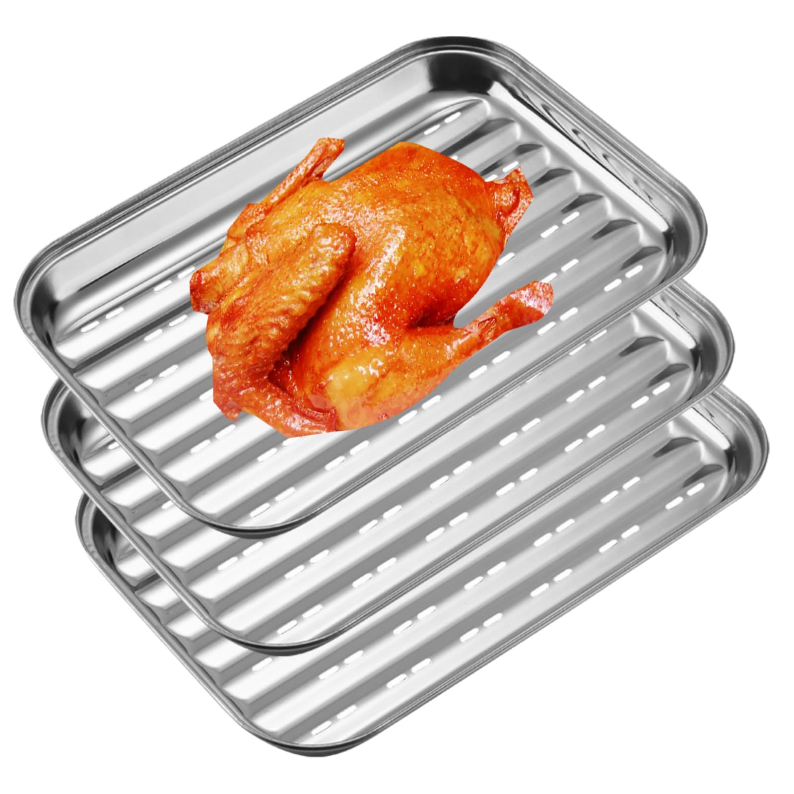 3 Cuencos para Barbacoa de Acero Inoxidable Reutilizables para Verduras, Carne y Pescado, Accesorios para Parrilla de Gas o Carbón, Cesta de Barbacoa con Agujeros, 34,5 x 24 x 2 cm