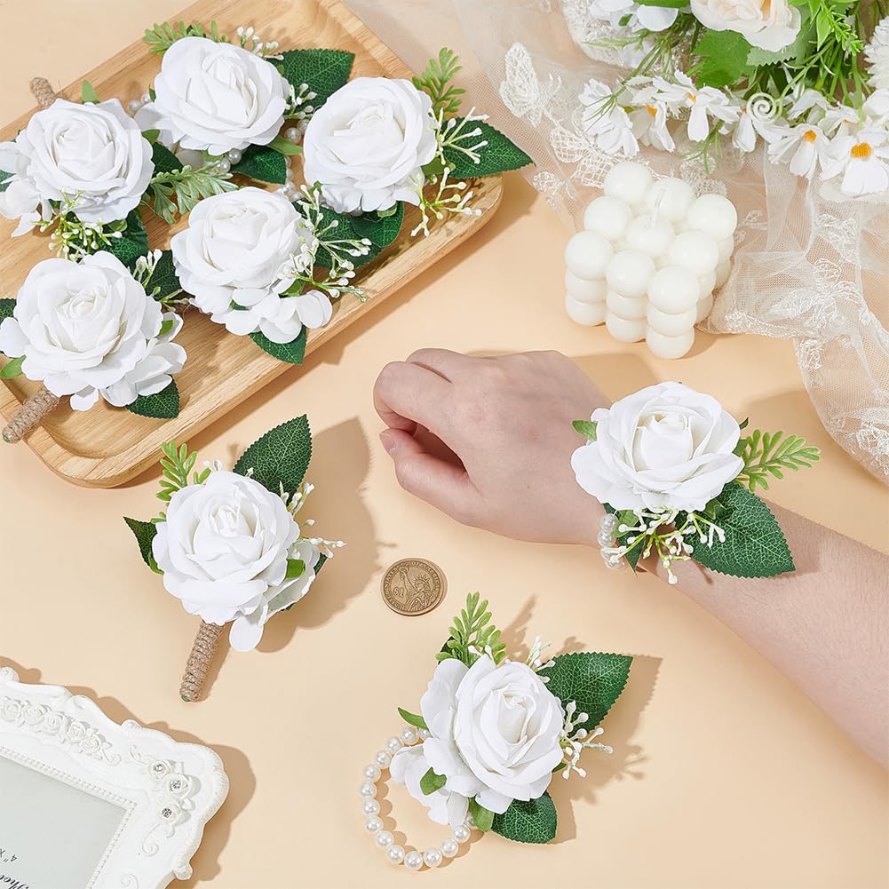 CUTHOLLOW 8 Stück Boutonniere Hochzeit and Corsage, Boutonniere Hochzeit Herren Set, Knopfloch Blumen mit Nadel und Clip, Künstliche Weiße Rosen-Ansteckblume für Braut, Bräutigam, Abschlussball